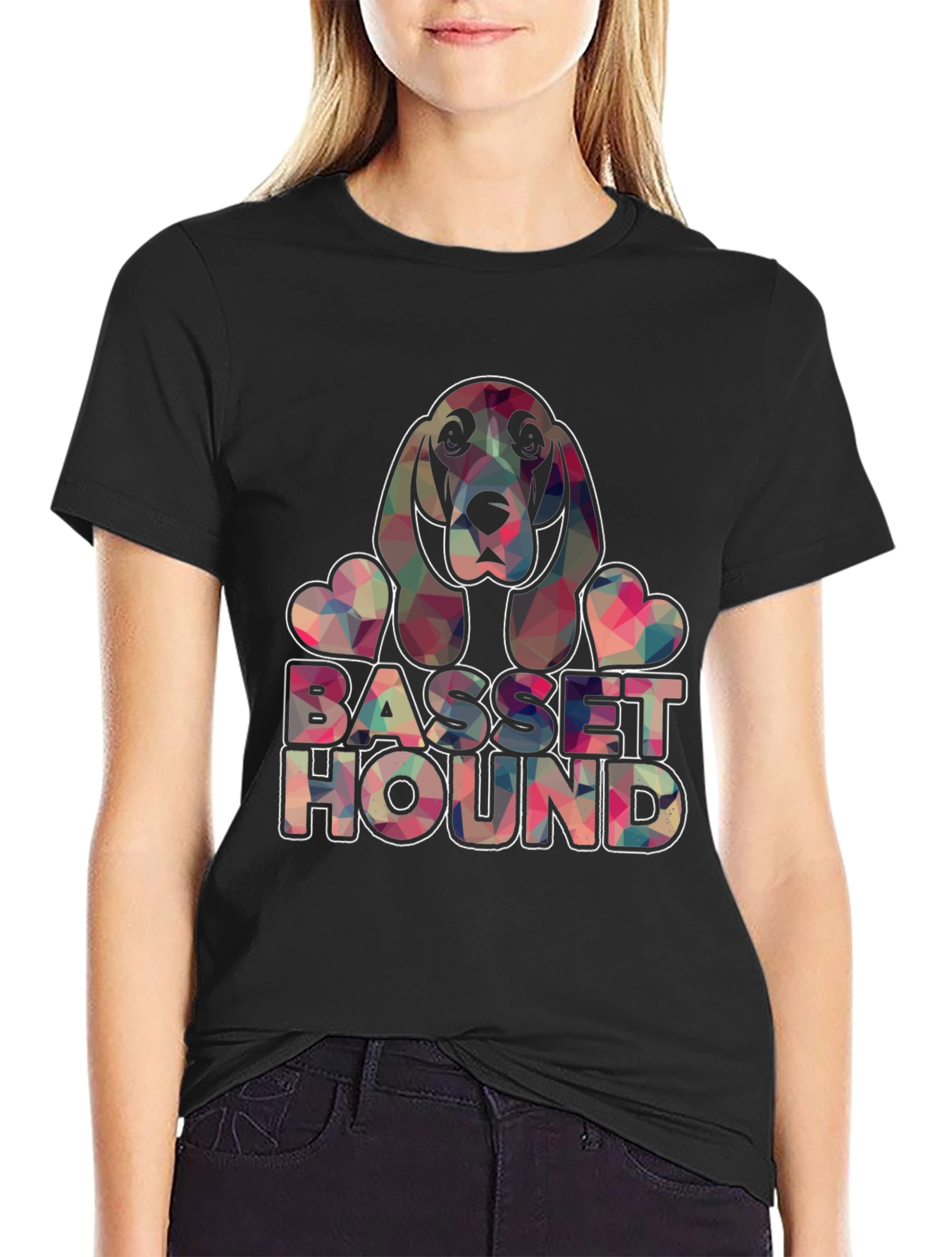 Basset Hound Geometric Design Black T-Shirt