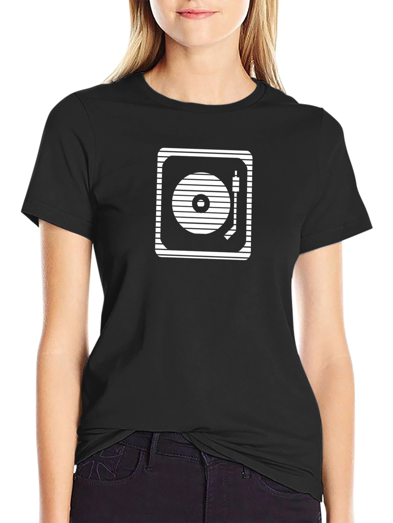 Retro Turntable Graphic Tee - Black Cotton T-Shirt