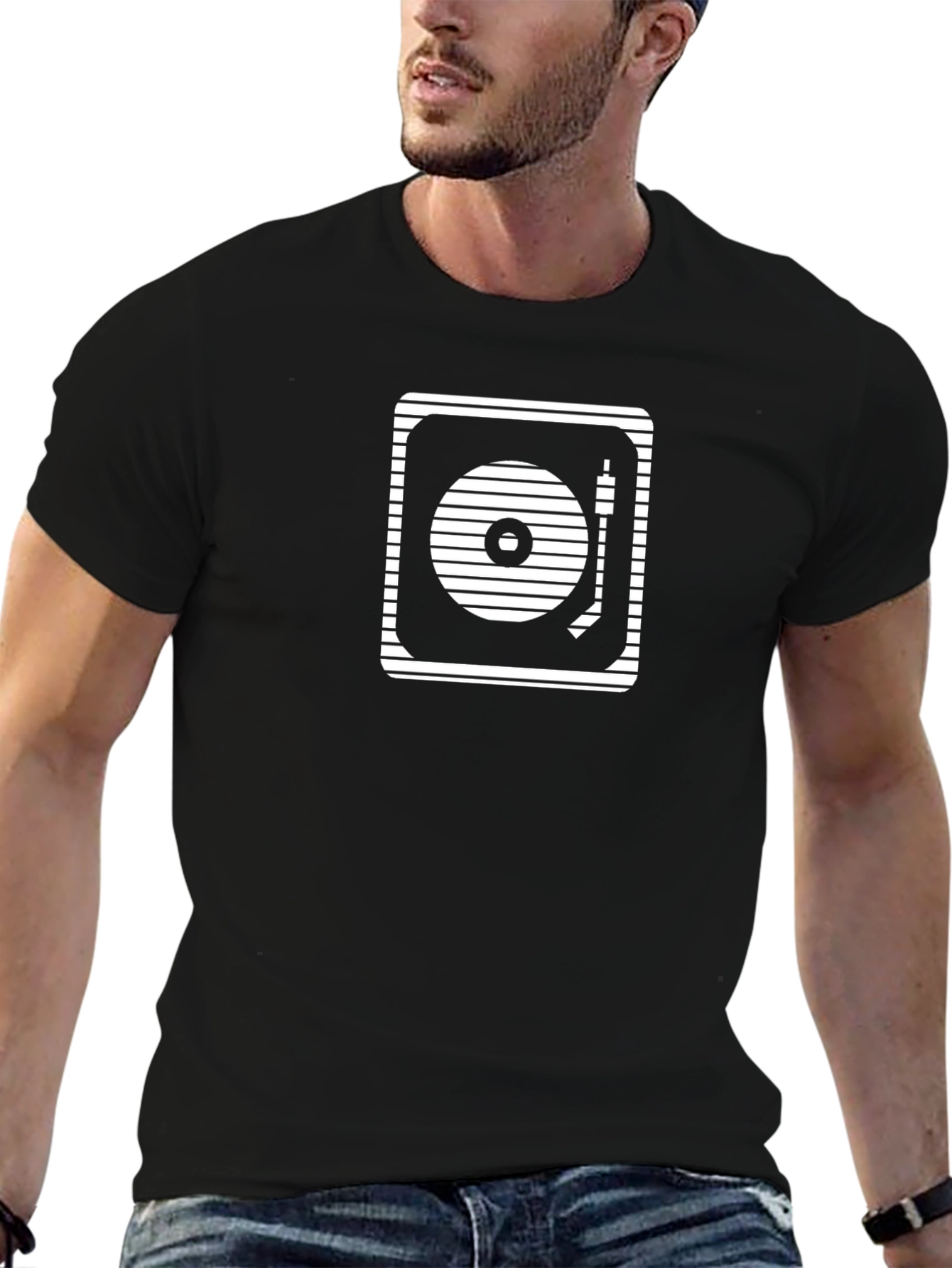 Retro Turntable Graphic Tee - Black Cotton T-Shirt