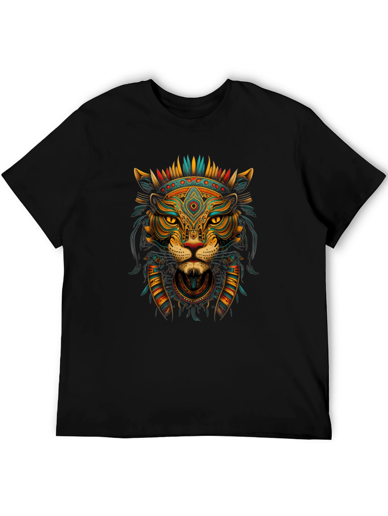 Aztec Lion Graphic Tee - Black Crew Neck T-Shirt