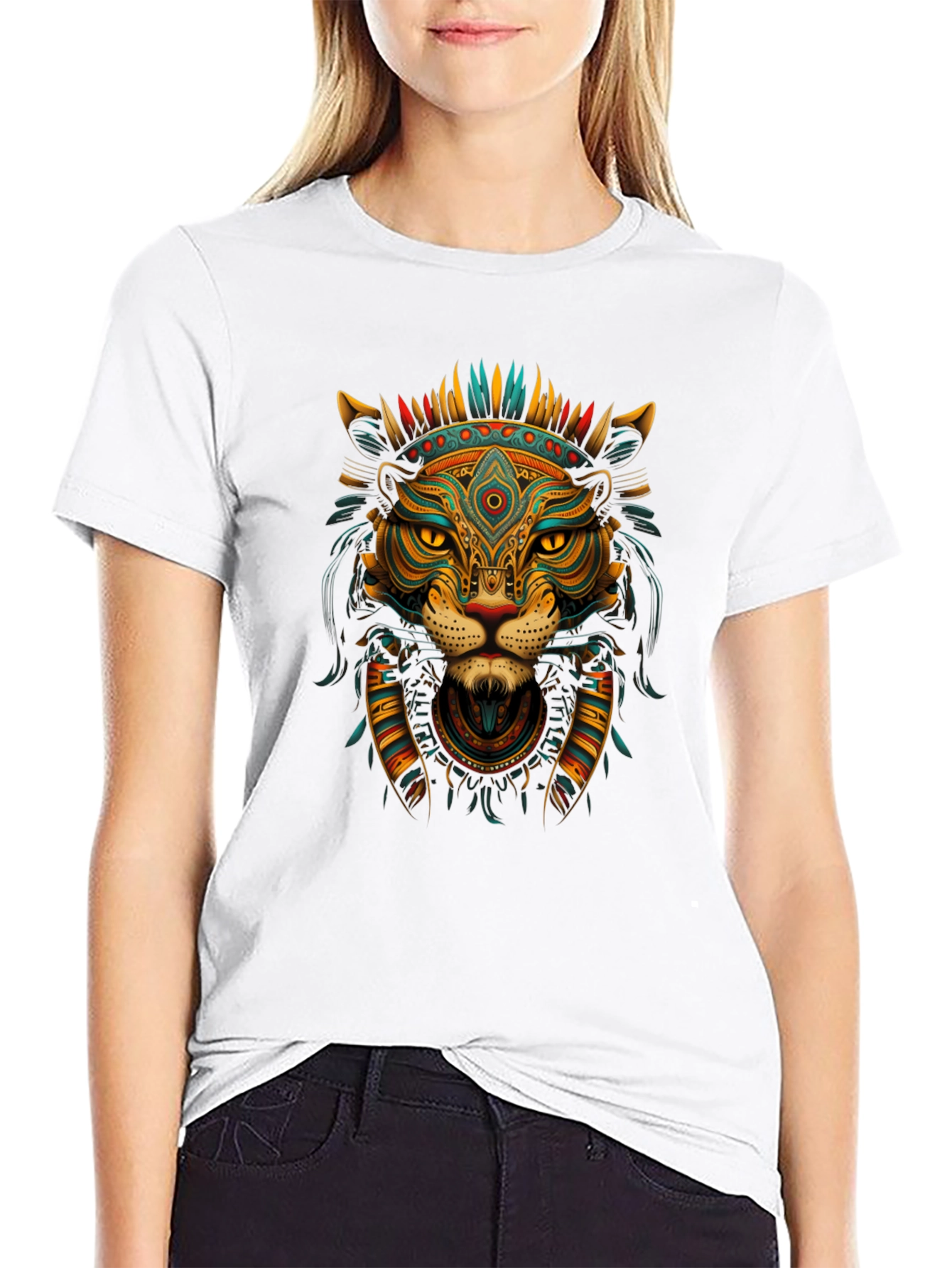 Aztec Lion Graphic Tee - Black Crew Neck T-Shirt