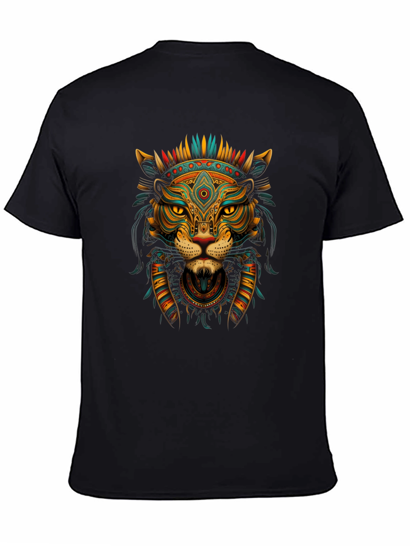 Aztec Lion Graphic Tee - Black Crew Neck T-Shirt