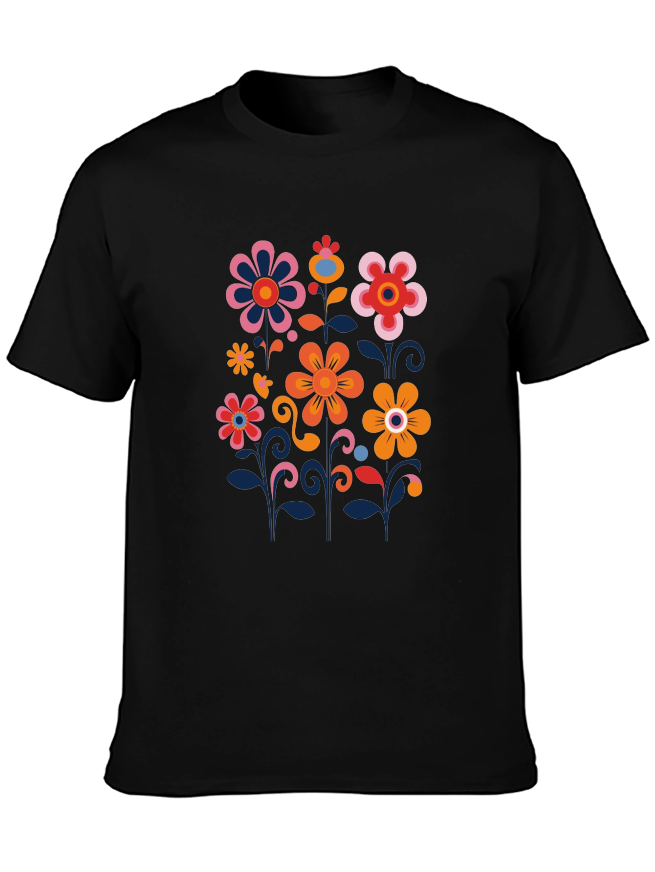 Retro Floral Print Black T-Shirt
