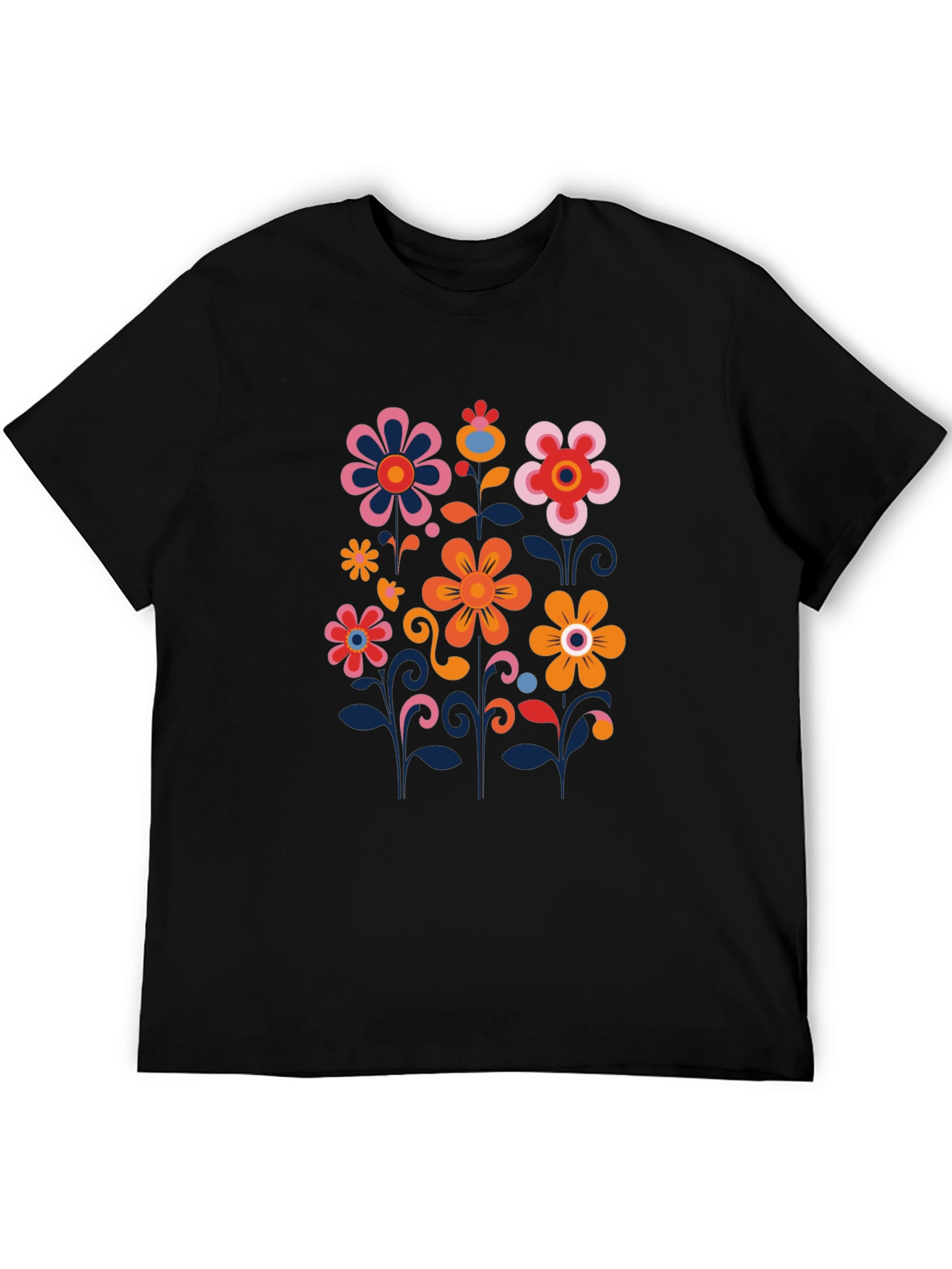 Retro Floral Print Black T-Shirt