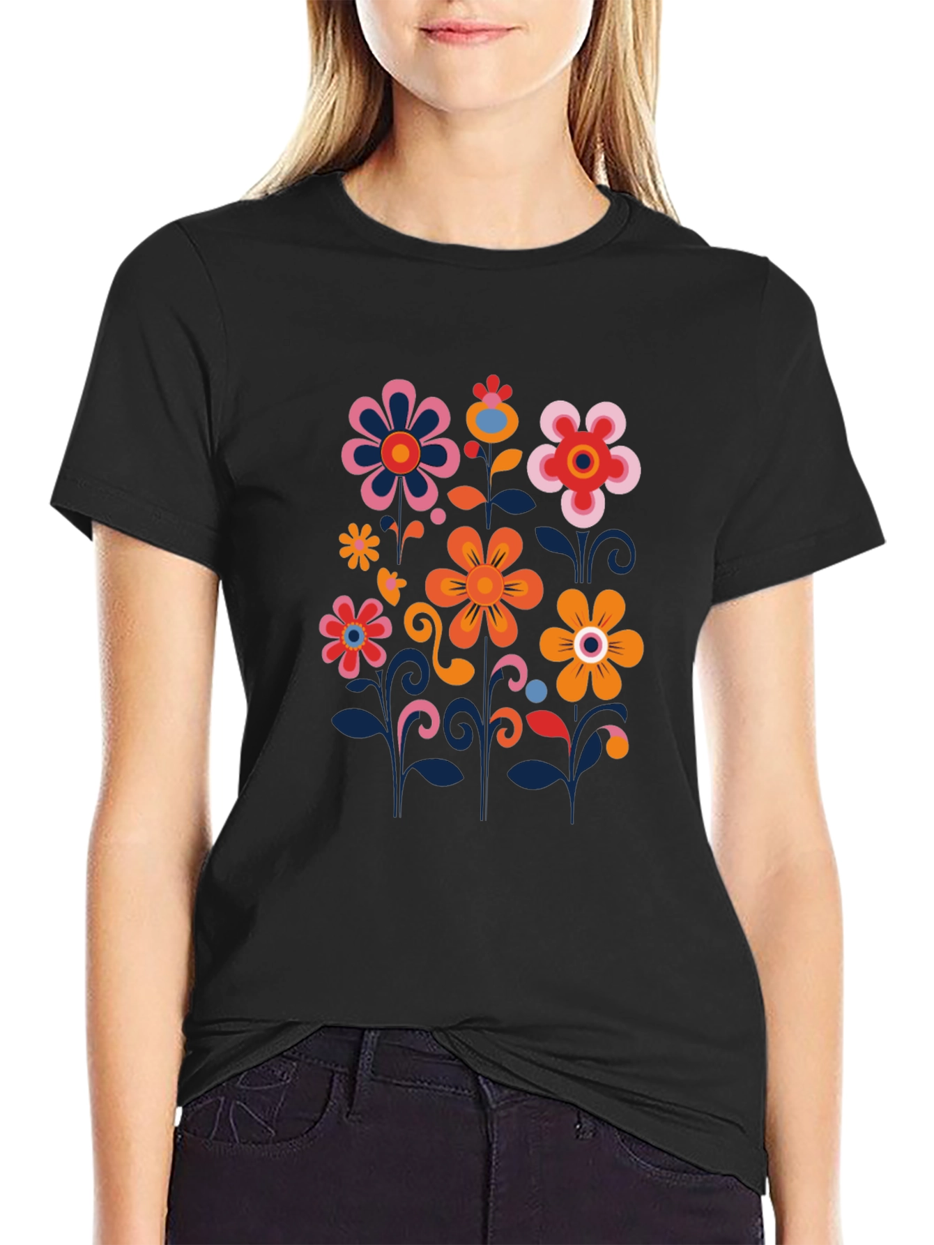Retro Floral Print Black T-Shirt