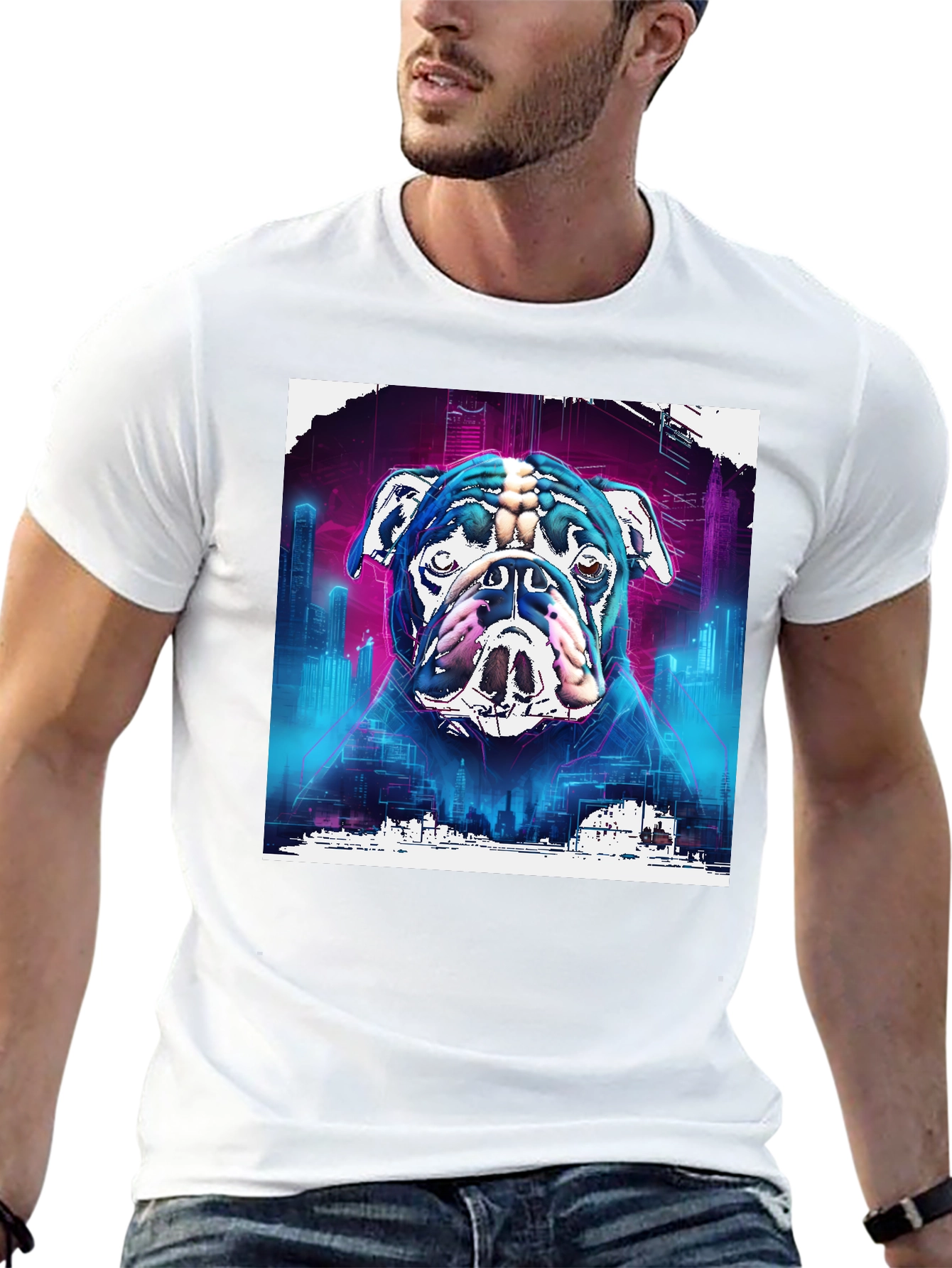 Cyberpunk Bulldog Graphic Tee - Mens Black T-Shirt