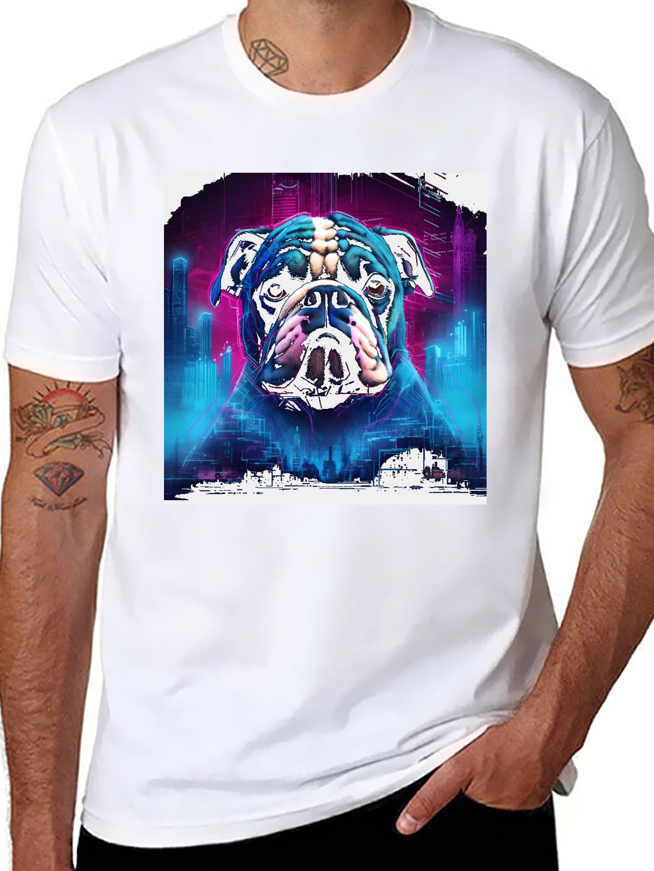 Cyberpunk Bulldog Graphic Tee - Mens Black T-Shirt