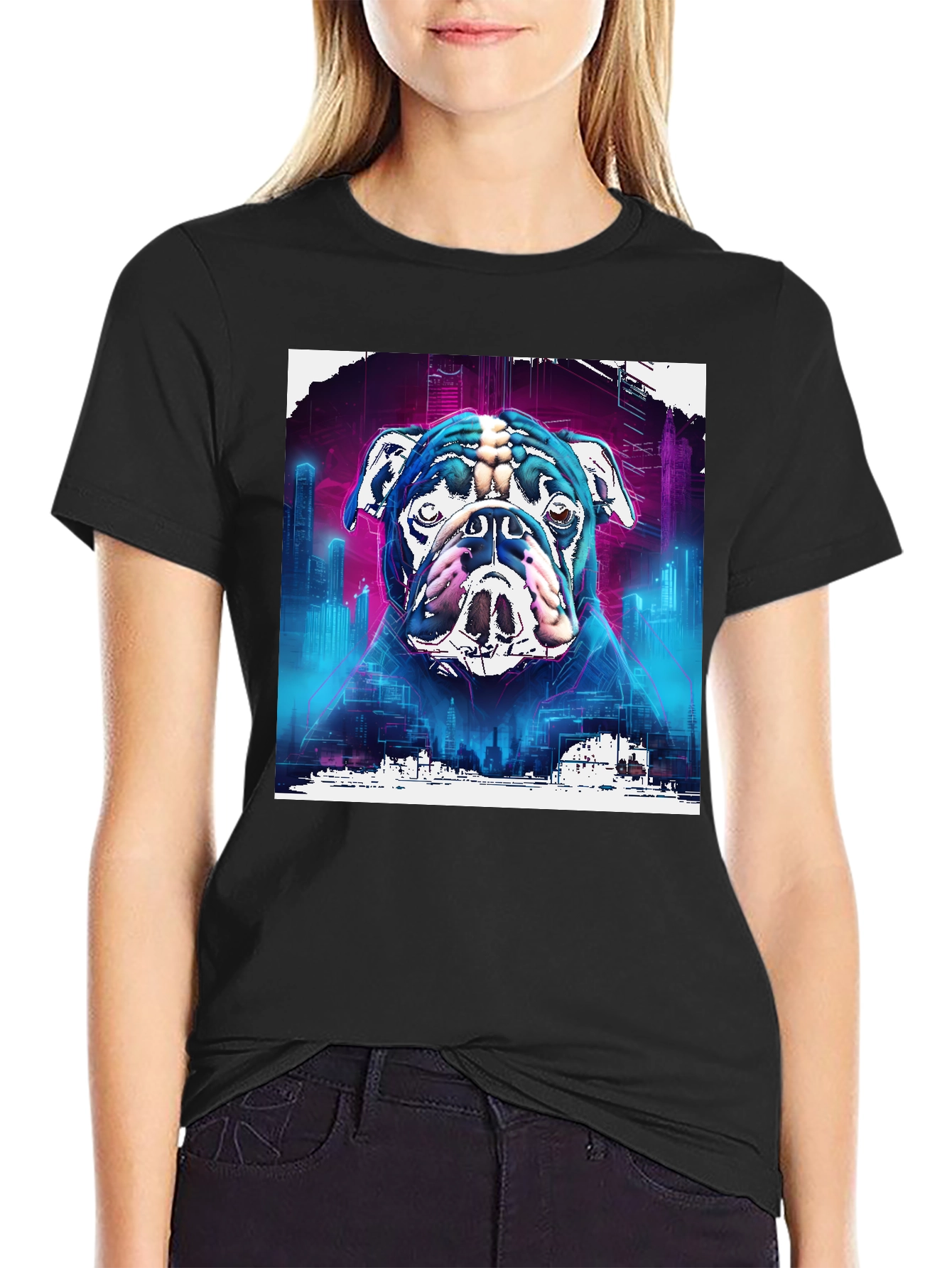 Cyberpunk Bulldog Graphic Tee - Mens Black T-Shirt