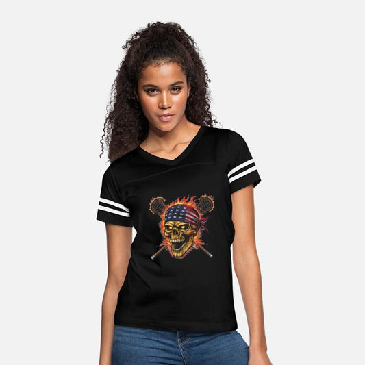 A skull with an American flag and crossed lacrosse