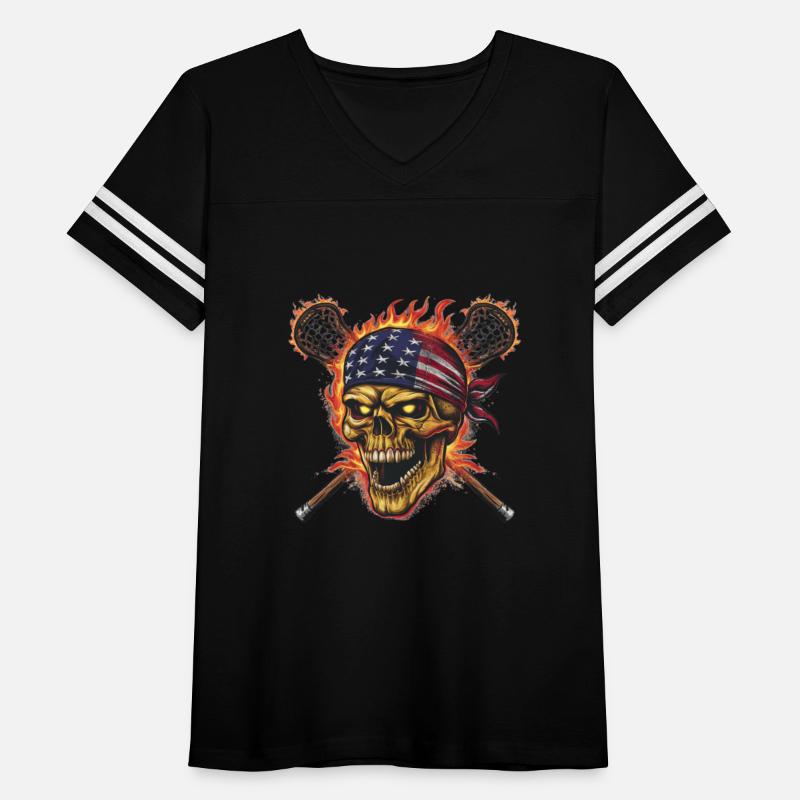A skull with an American flag and crossed lacrosse
