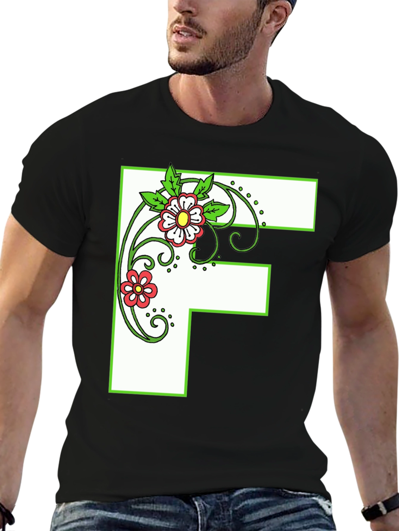 Floral Letter F Black T-Shirt