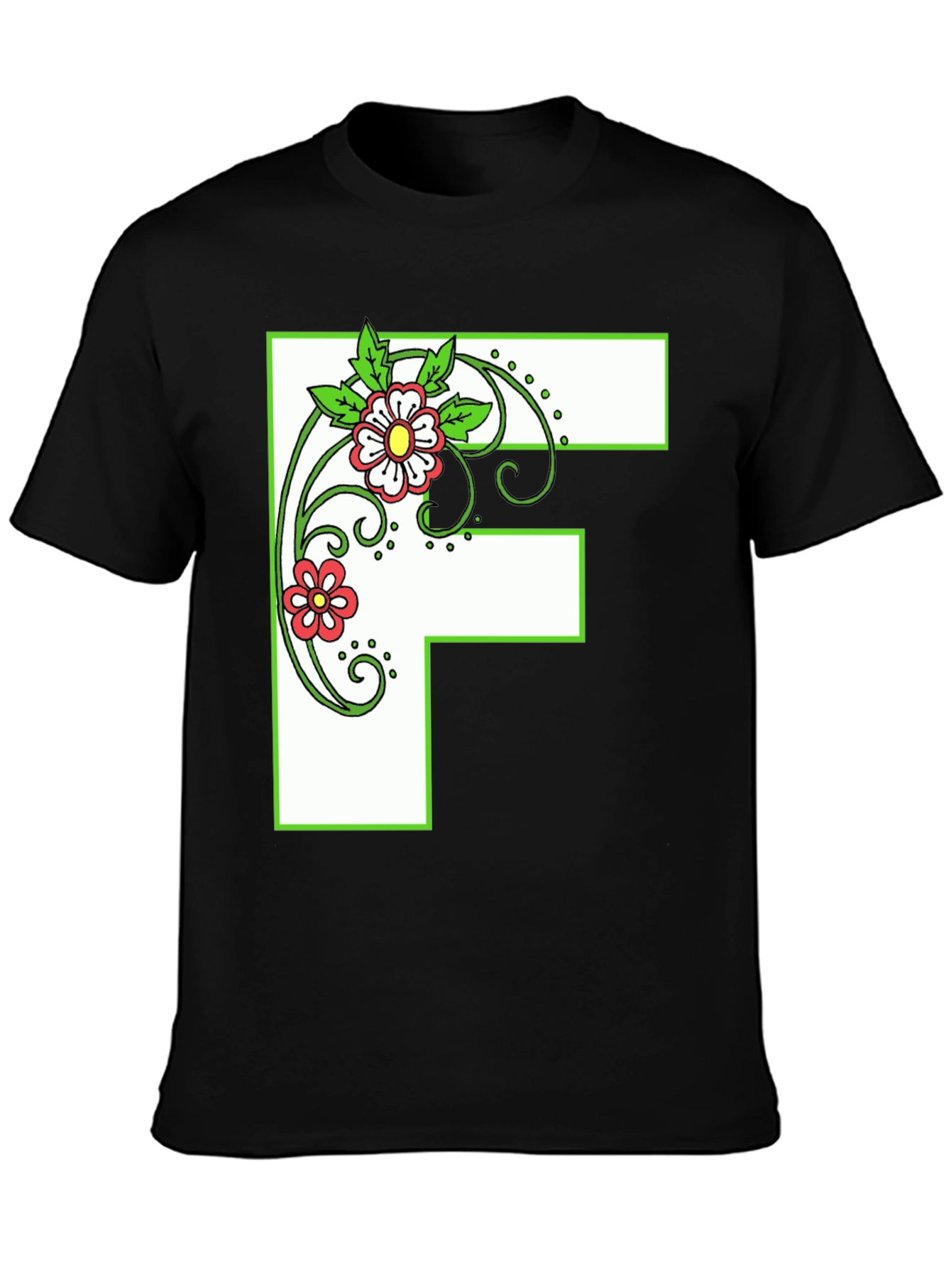 Floral Letter F Black T-Shirt