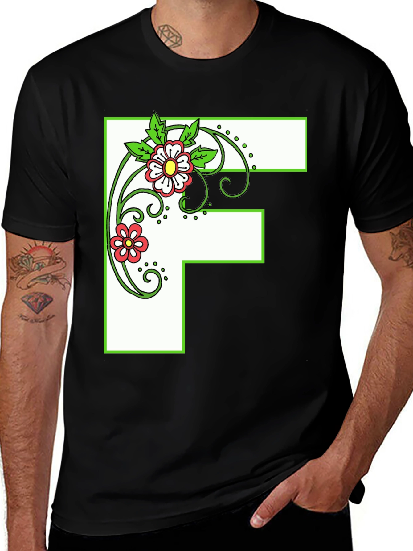 Floral Letter F Black T-Shirt