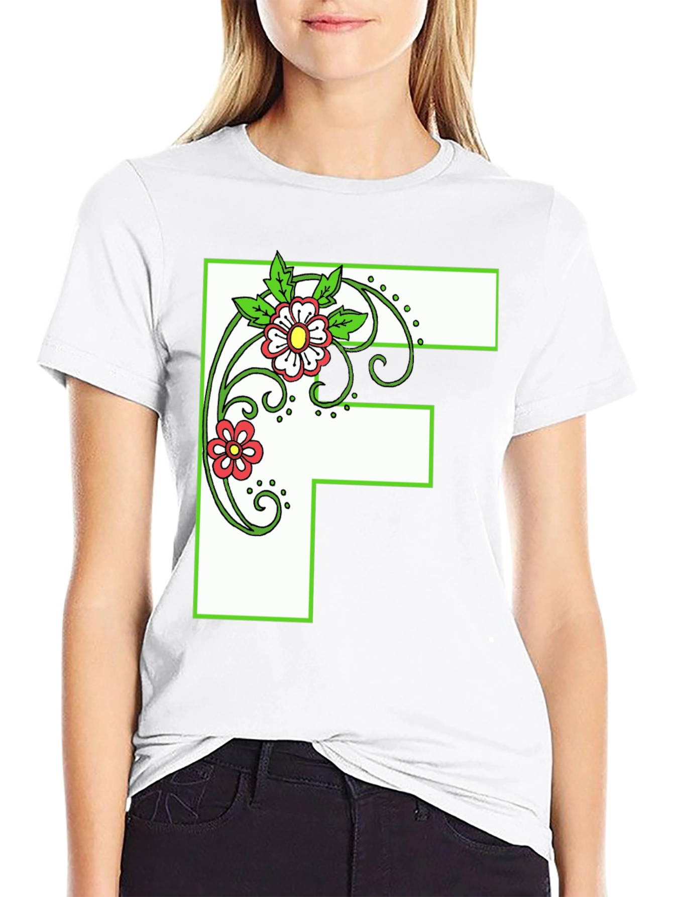 Floral Letter F Black T-Shirt