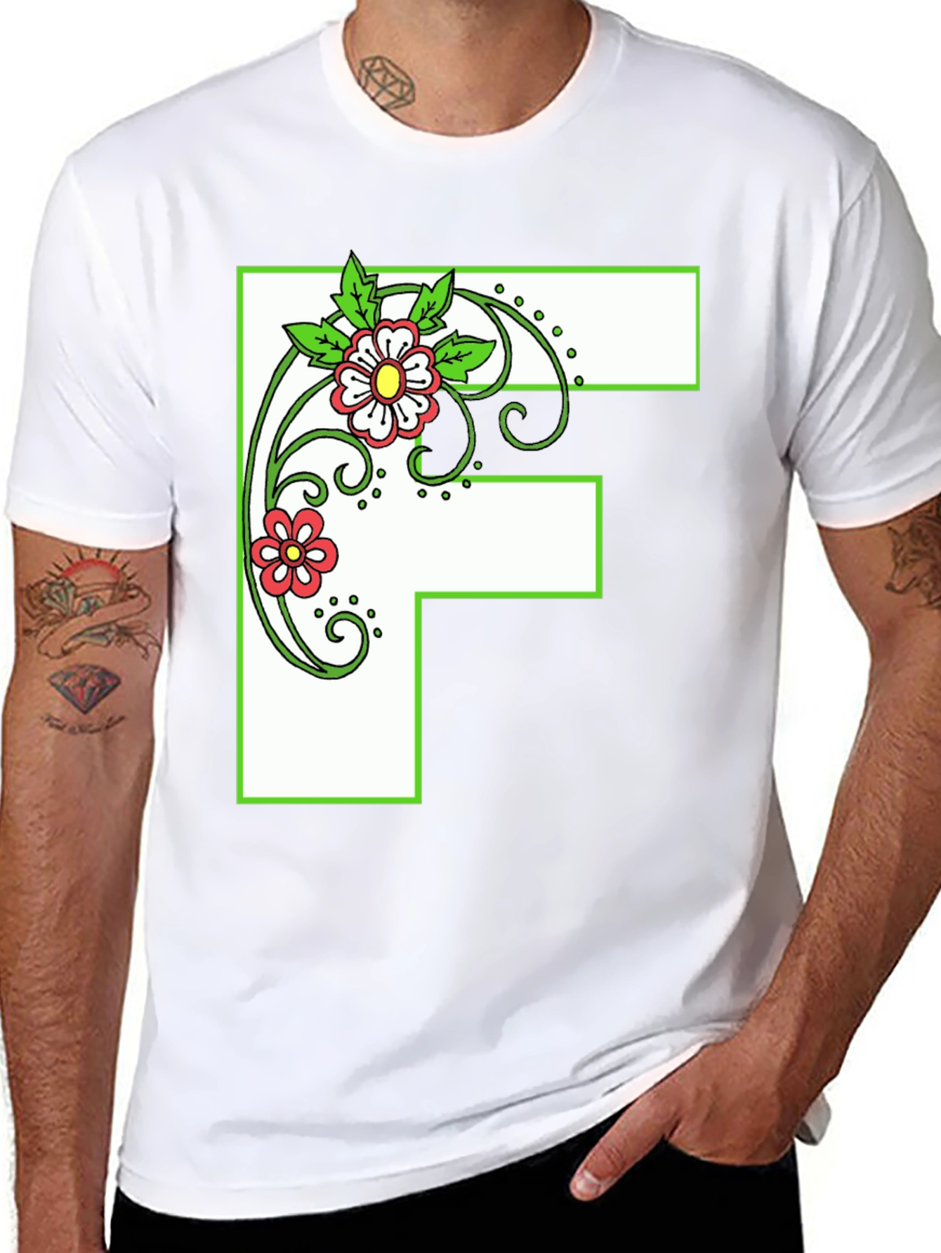 Floral Letter F Black T-Shirt