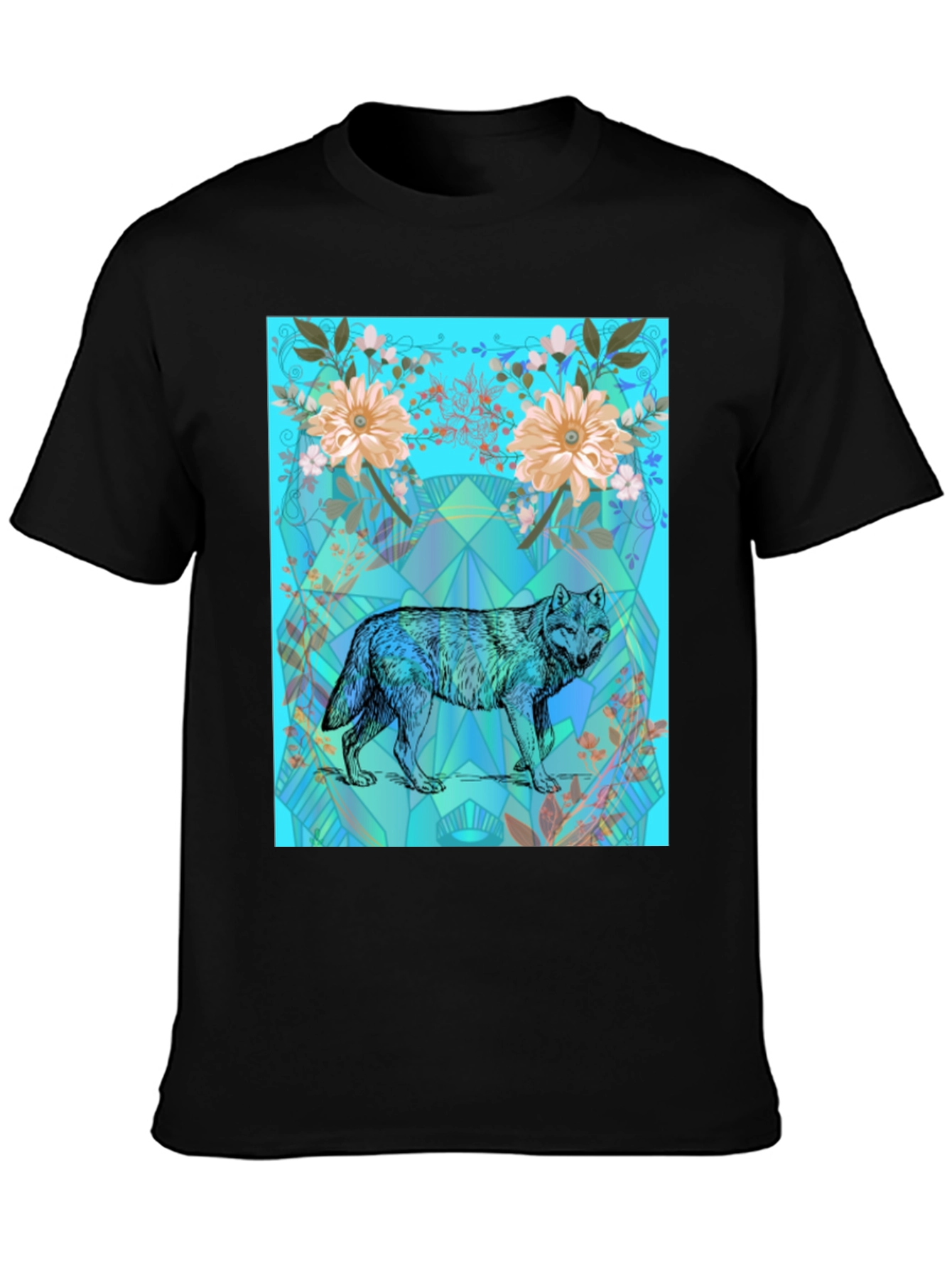 Wolf Floral Print Graphic Tee - Black