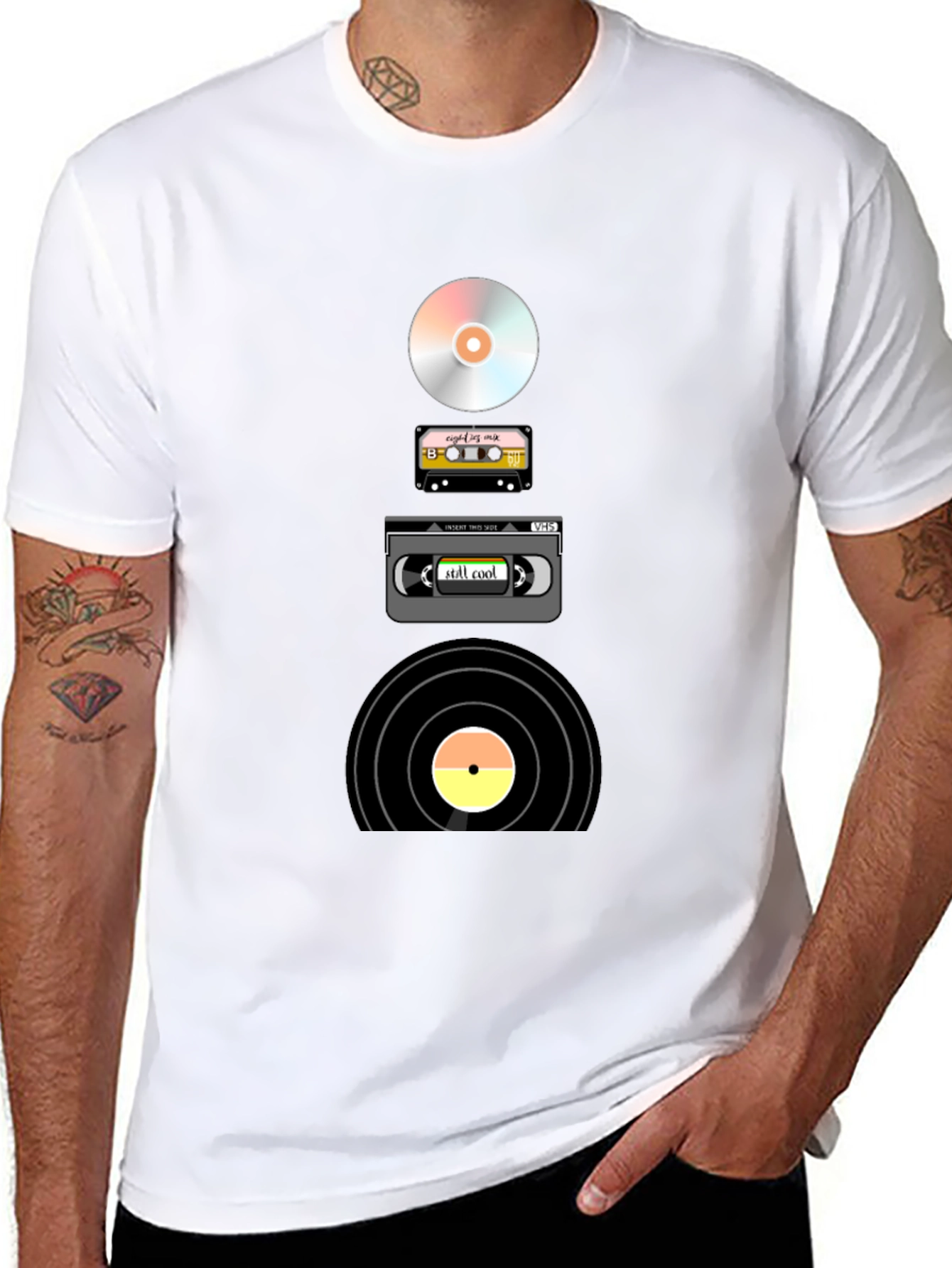 Retro Media T-Shirt: CD Cassette VHS Vinyl