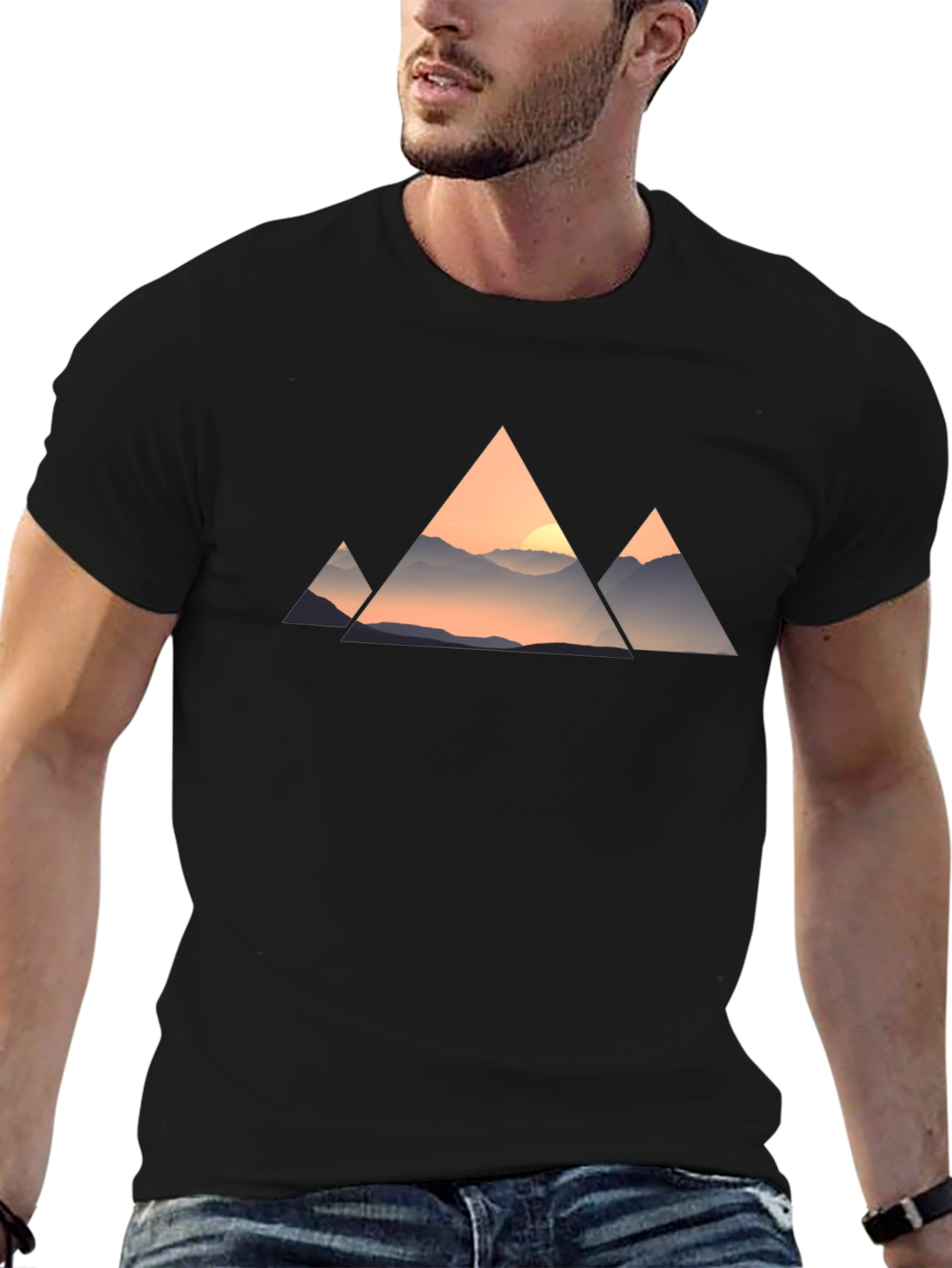 Mountain Sunset Triangle Graphic Tee - Black Cotton Blend