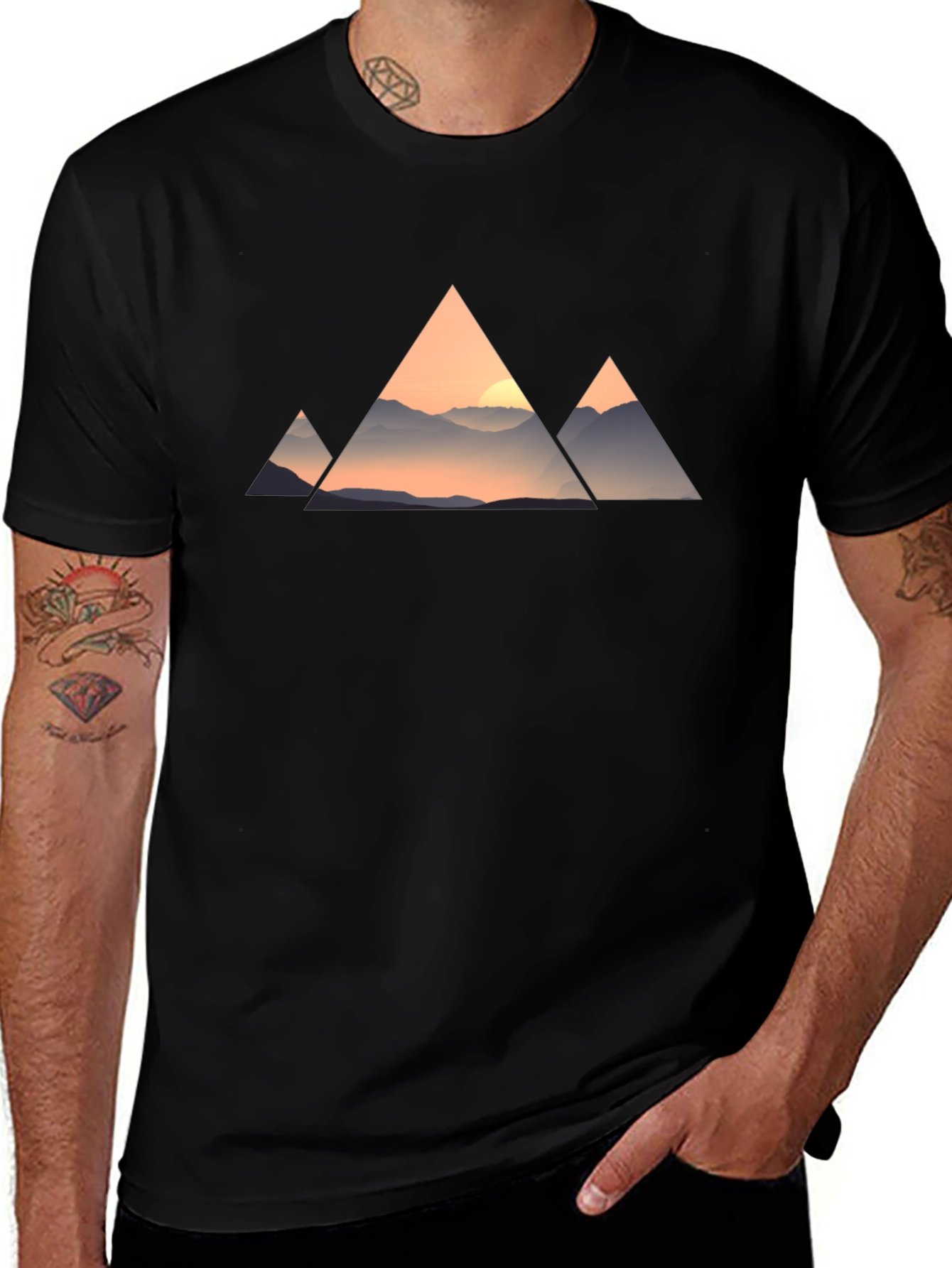 Mountain Sunset Triangle Graphic Tee - Black Cotton Blend
