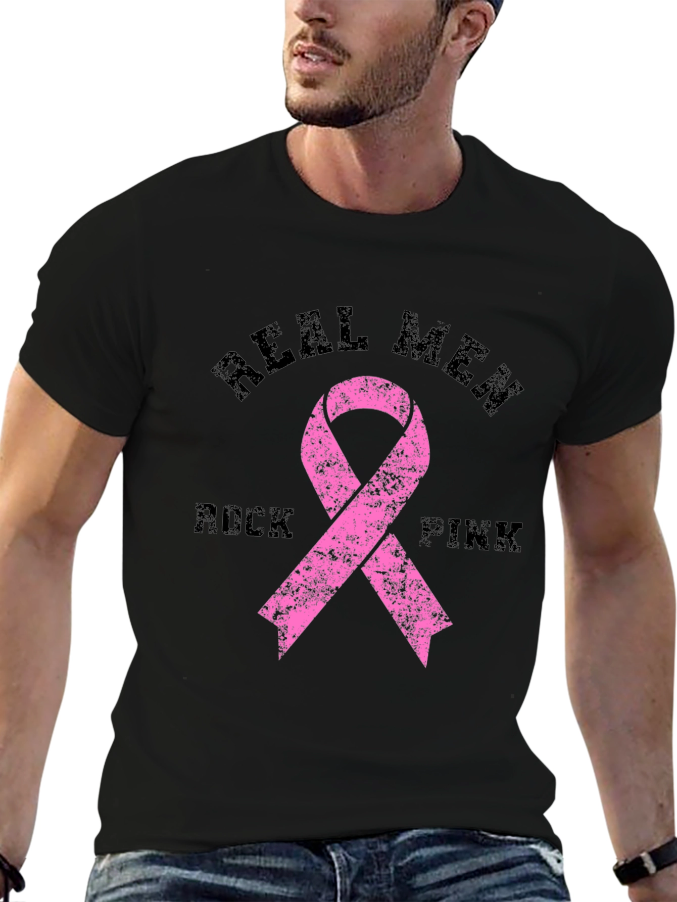 Real Men Rock Pink Breast Cancer Awareness T-Shirt