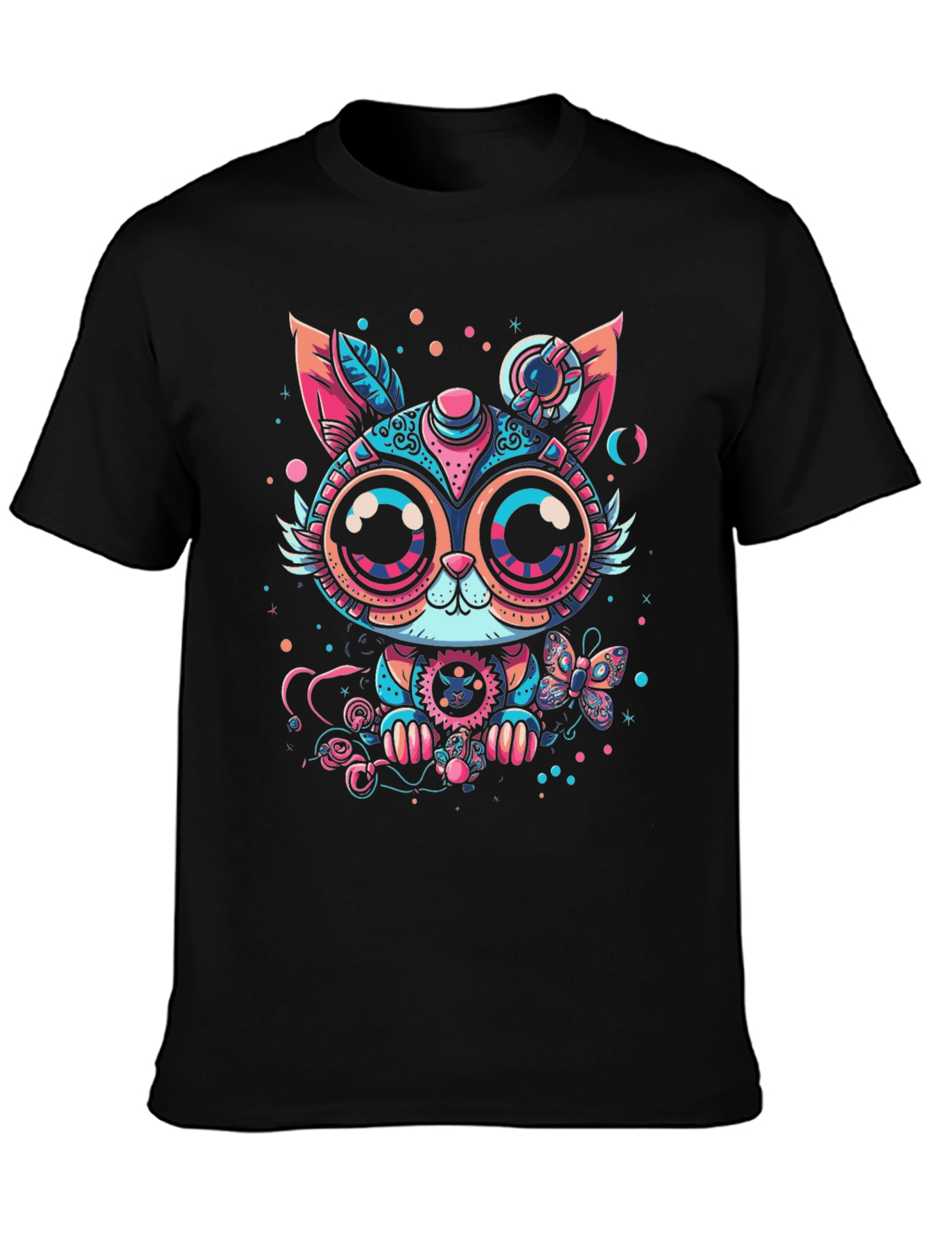 Steampunk Cat Graphic Print Black T-Shirt