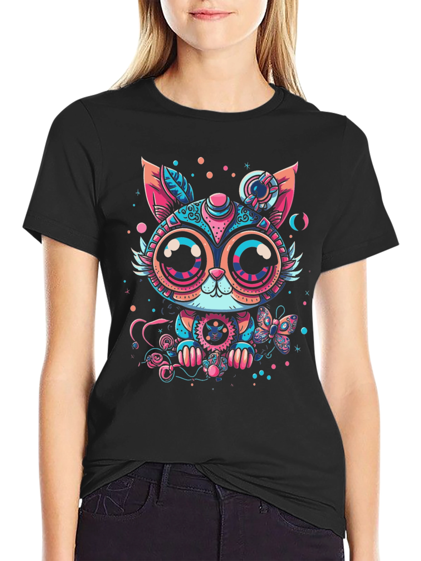 Steampunk Cat Graphic Print Black T-Shirt