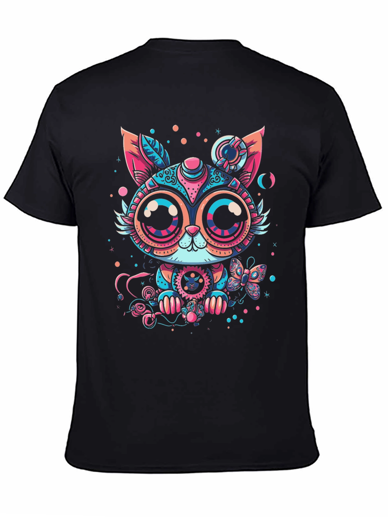 Steampunk Cat Graphic Print Black T-Shirt