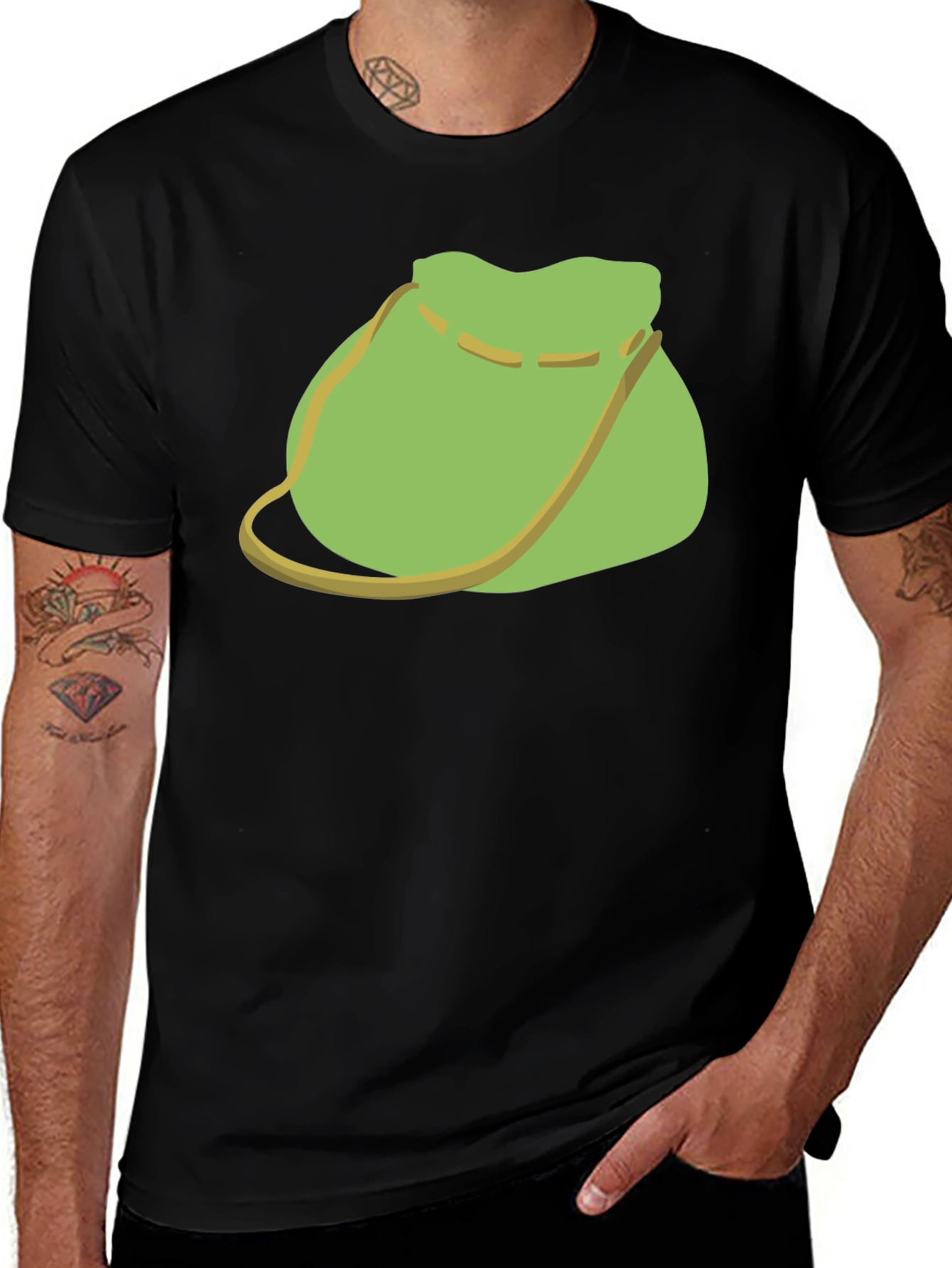 Green Pouch Graphic Tee - Casual Black T-Shirt