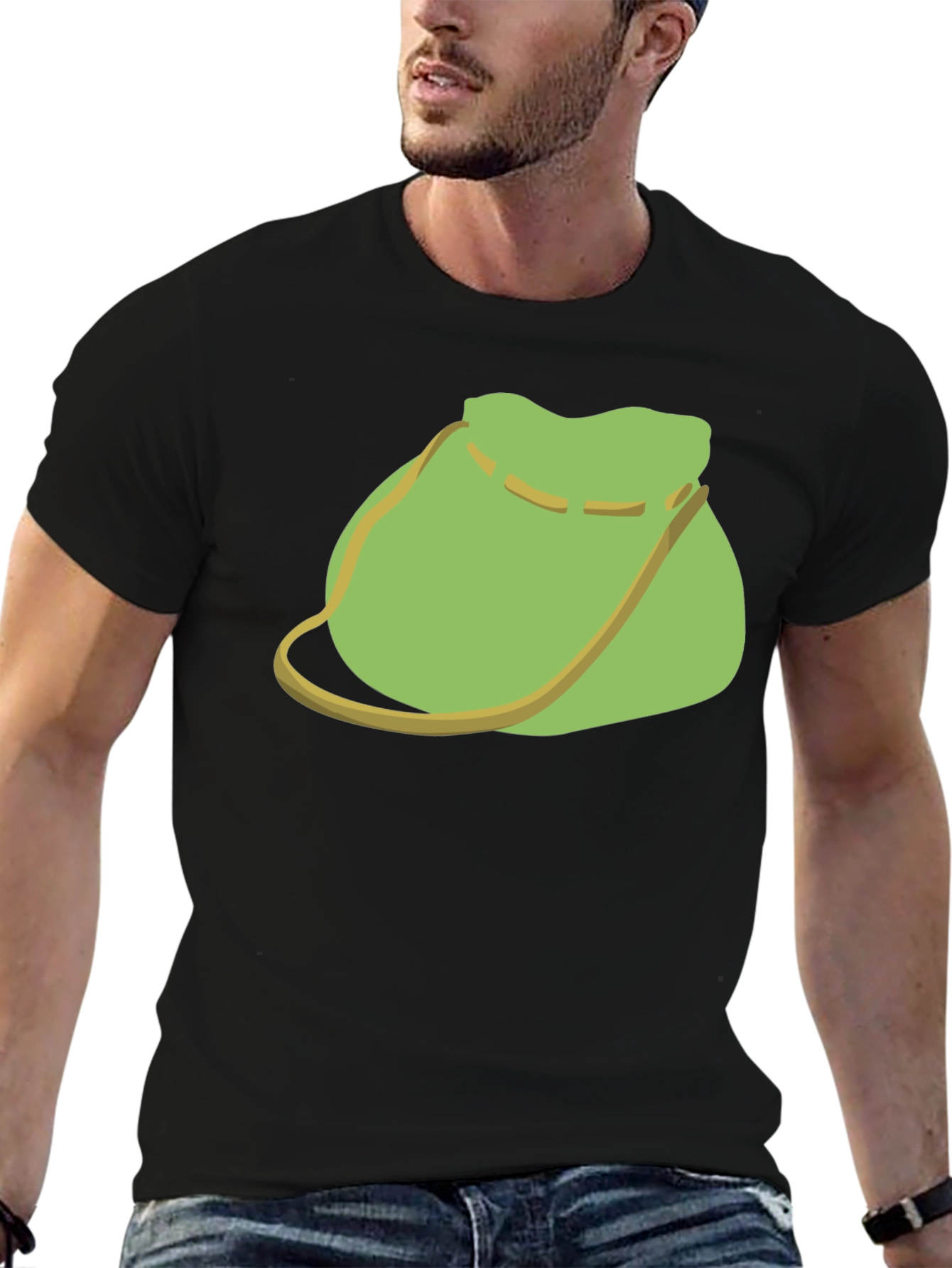 Green Pouch Graphic Tee - Casual Black T-Shirt