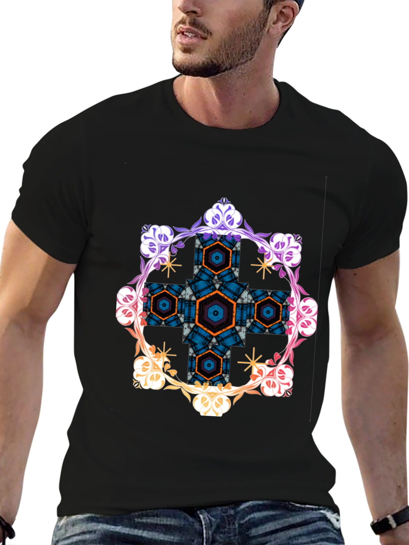 Geometric Hexagon Floral Graphic Tee