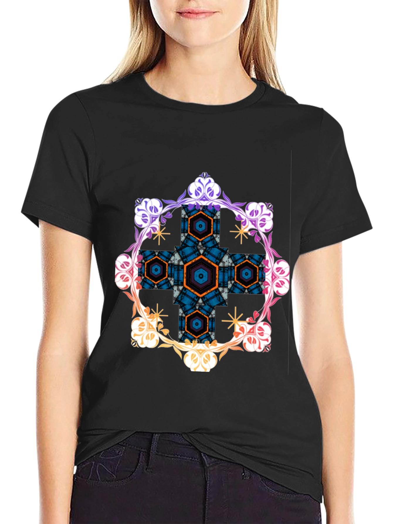 Geometric Hexagon Floral Graphic Tee