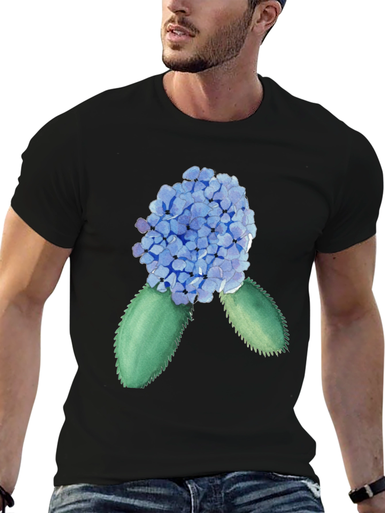 Hydrangea Watercolor Black T-Shirt