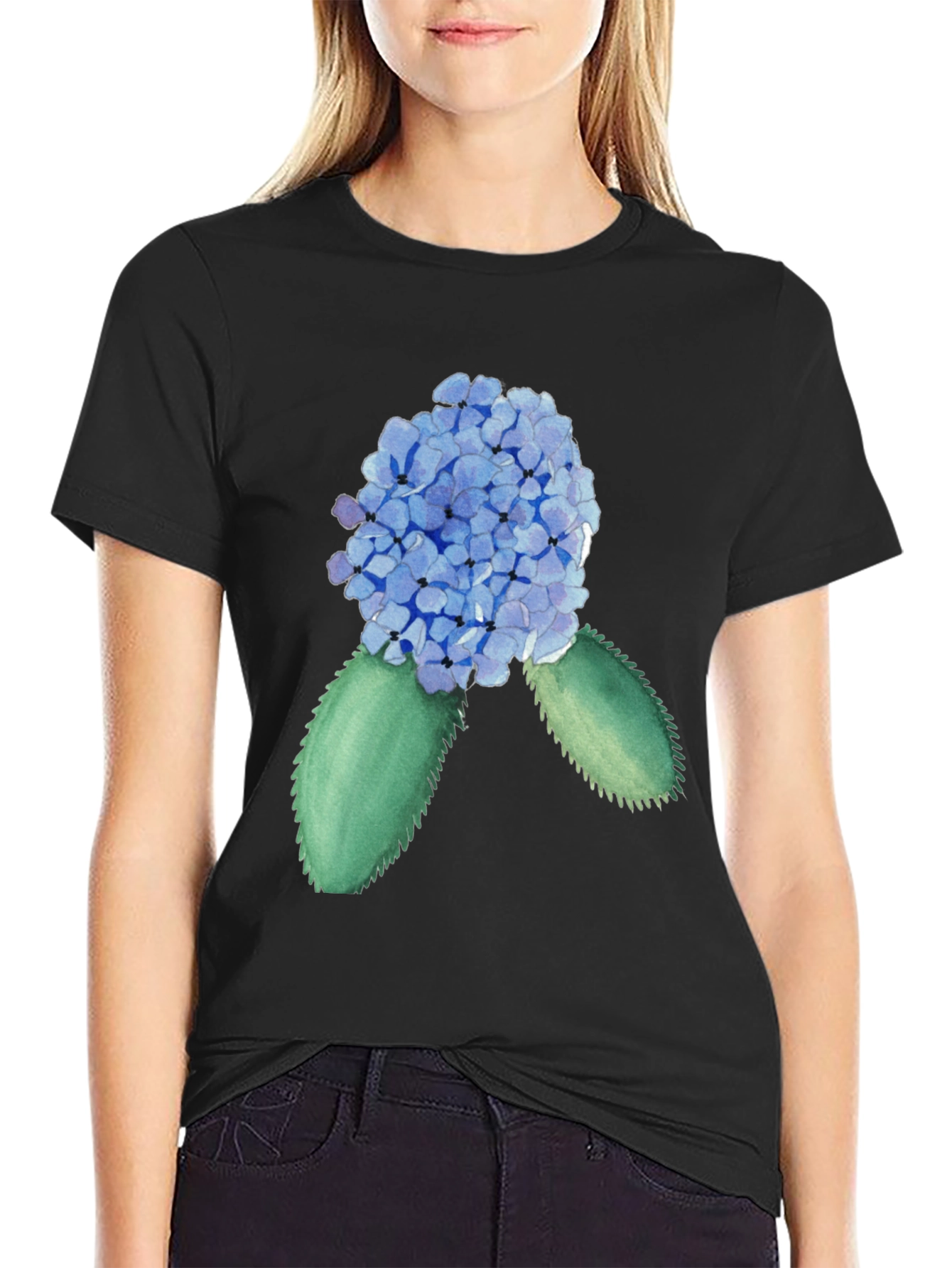 Hydrangea Watercolor Black T-Shirt
