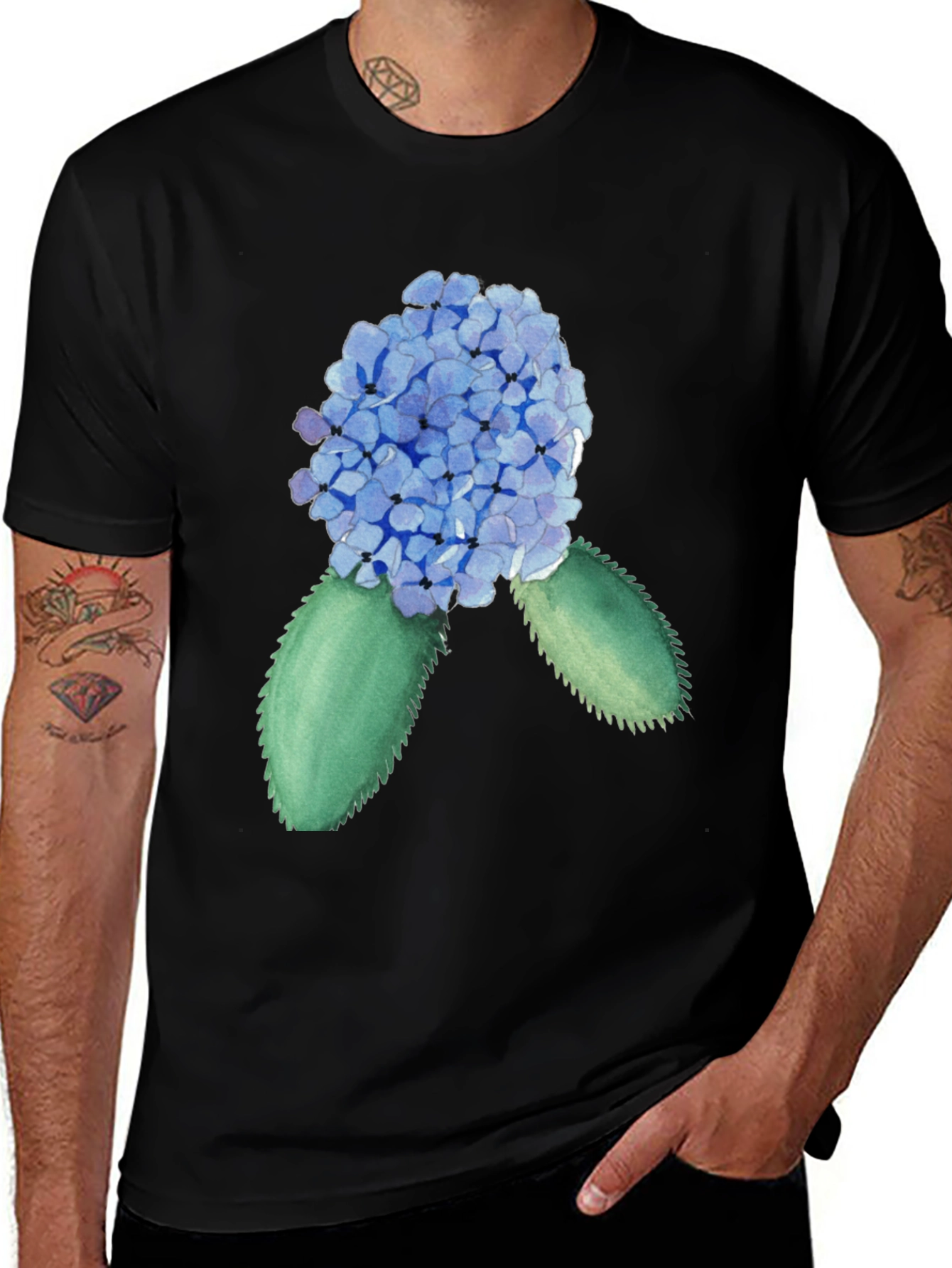 Hydrangea Watercolor Black T-Shirt