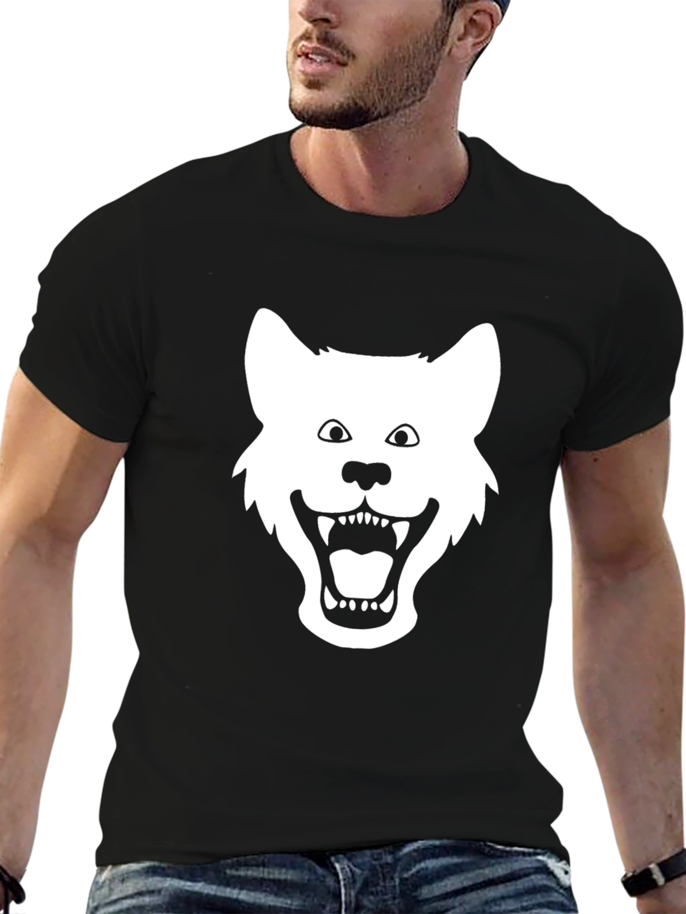Mens Black T-shirt with White Wolf Graphic