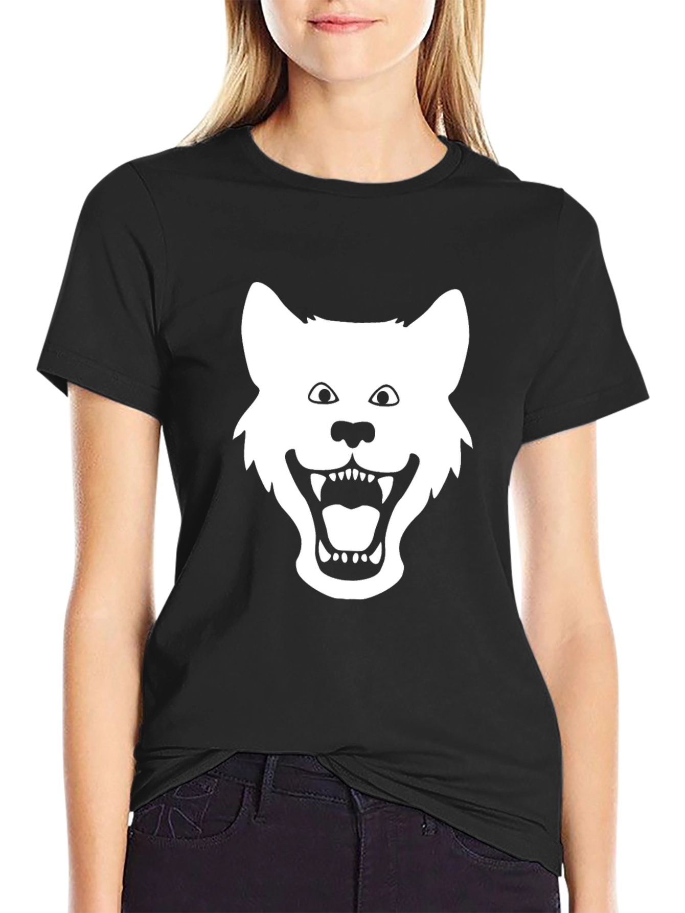 Mens Black T-shirt with White Wolf Graphic