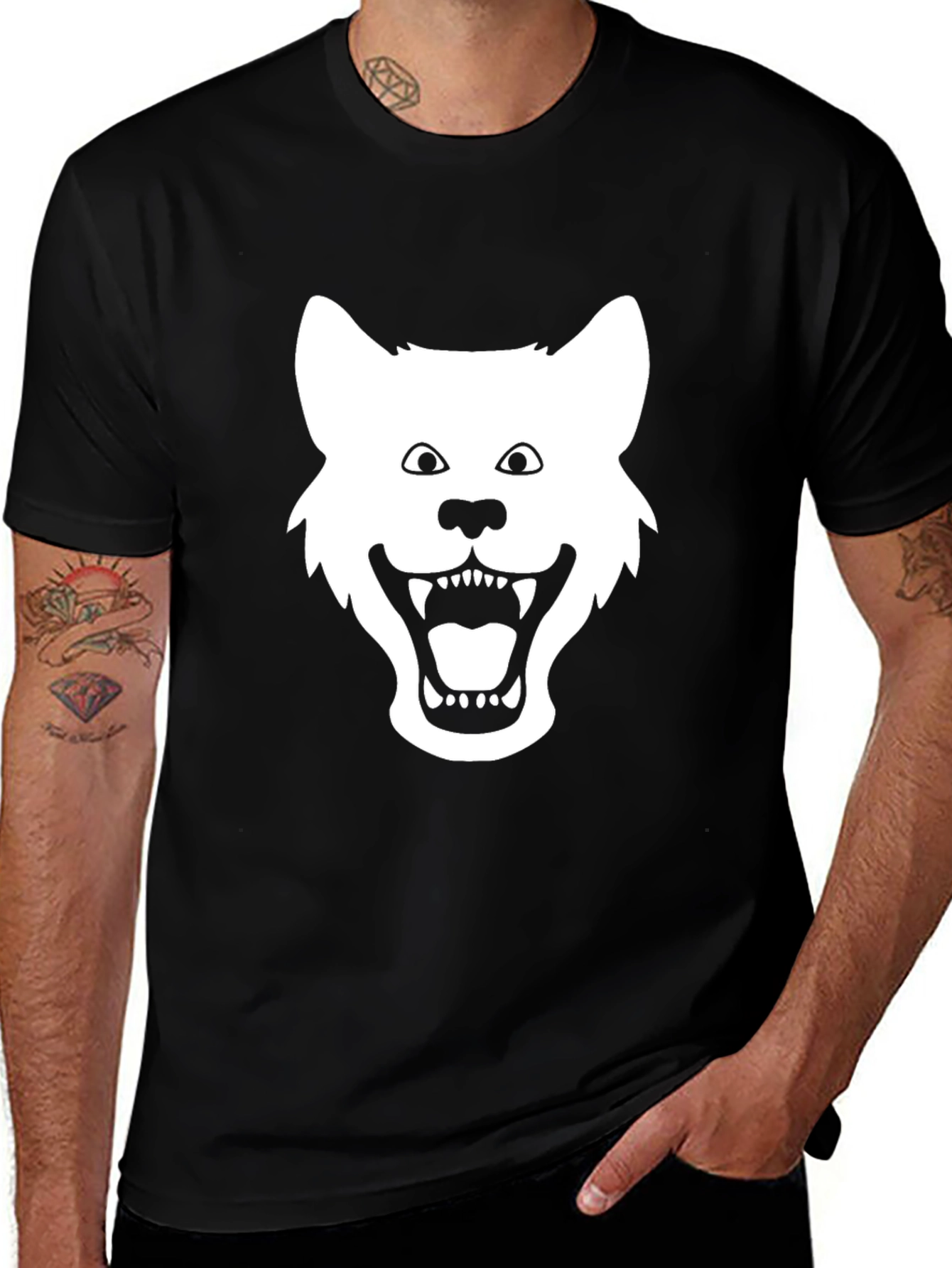 Mens Black T-shirt with White Wolf Graphic