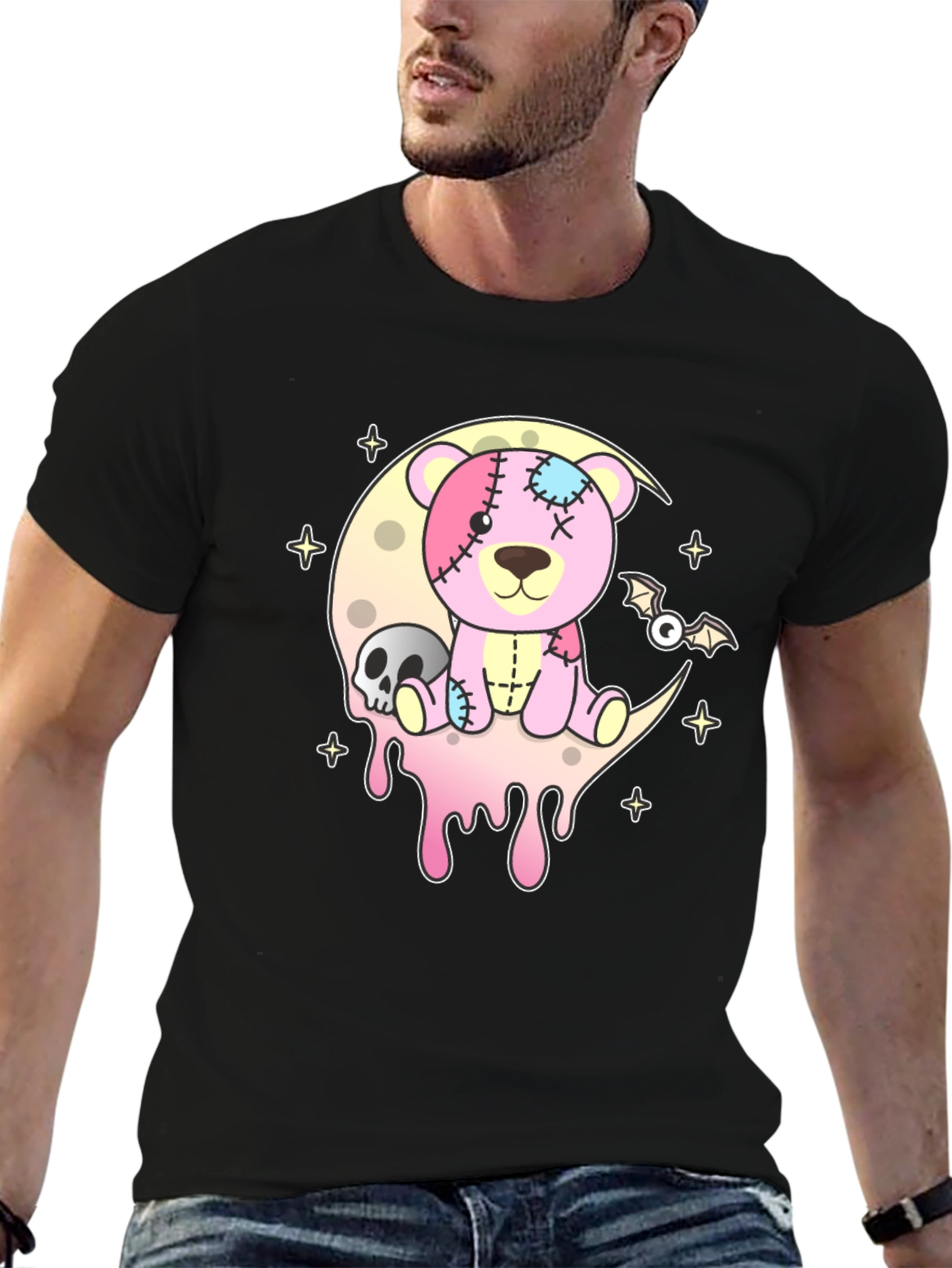 Creepy Cute Teddy Bear Moon Black T-Shirt