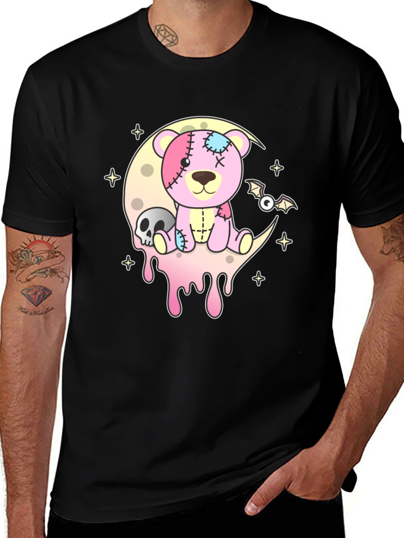 Creepy Cute Teddy Bear Moon Black T-Shirt
