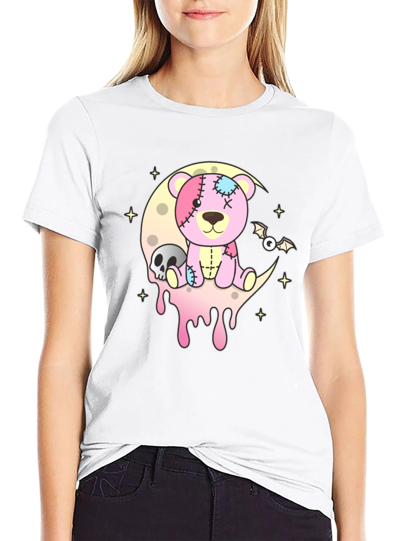 Creepy Cute Teddy Bear Moon Black T-Shirt