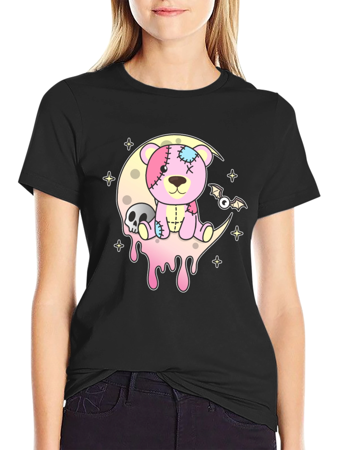 Creepy Cute Teddy Bear Moon Black T-Shirt