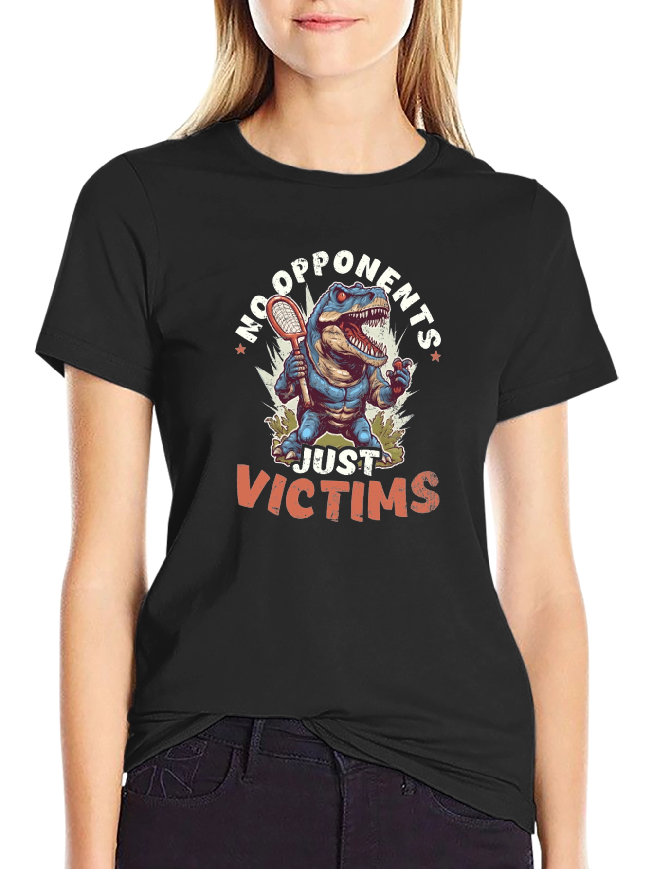 Dinosaur Tennis Player Black T-Shirt