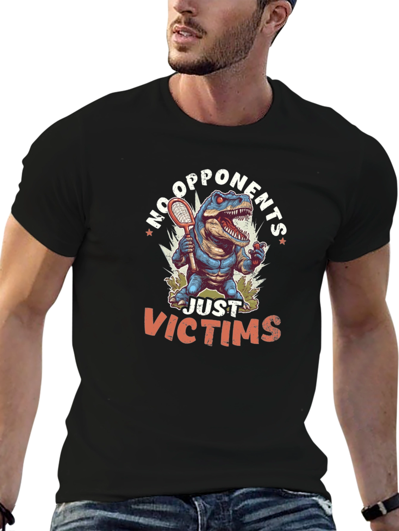 Dinosaur Tennis Player Black T-Shirt