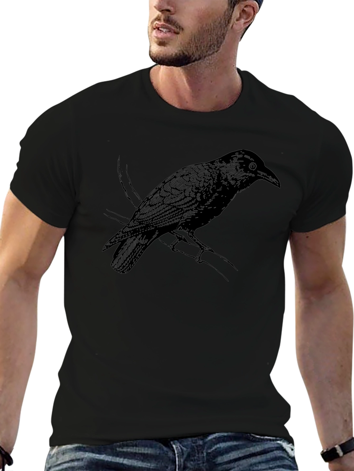 Raven Graphic Tee - Stylish Black Crow Bird T-Shirt
