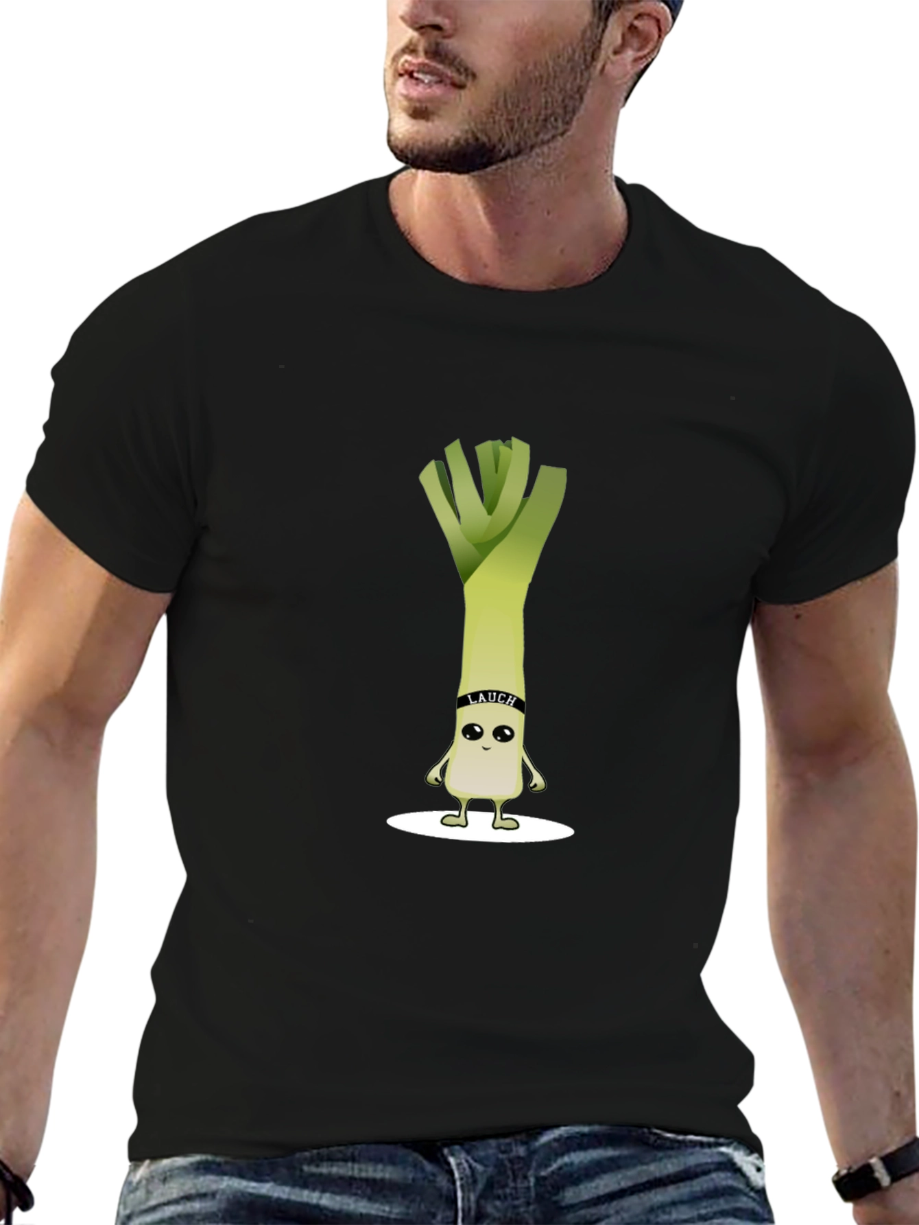 Funny Leek Cartoon Black T-Shirt