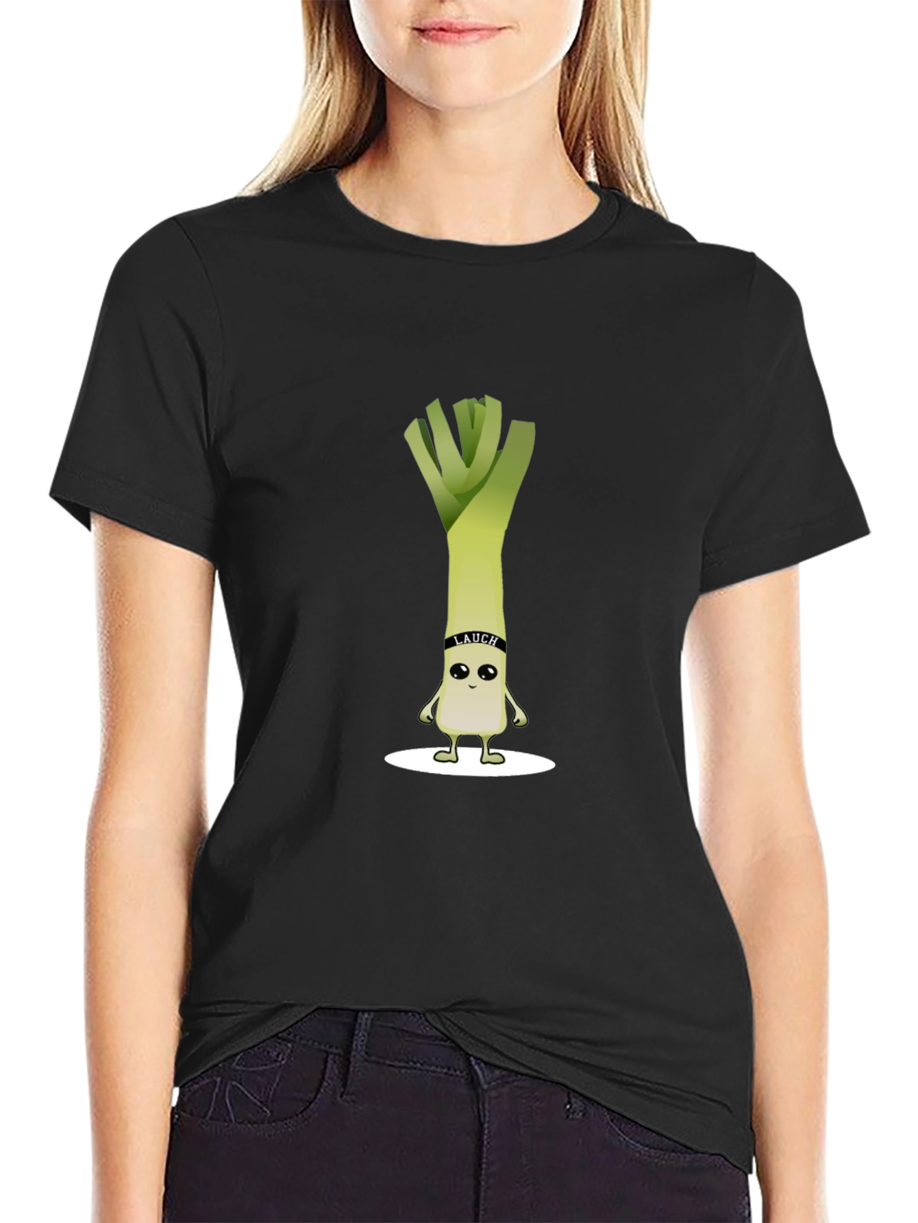 Funny Leek Cartoon Black T-Shirt