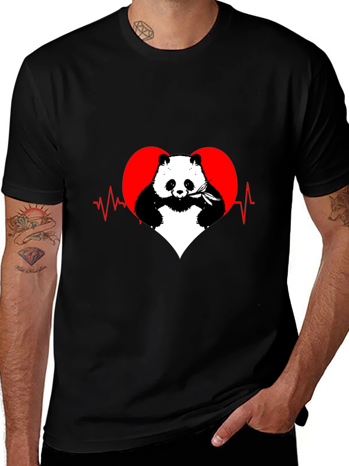 Panda Heartbeat Graphic Tee - Mens Black T-Shirt