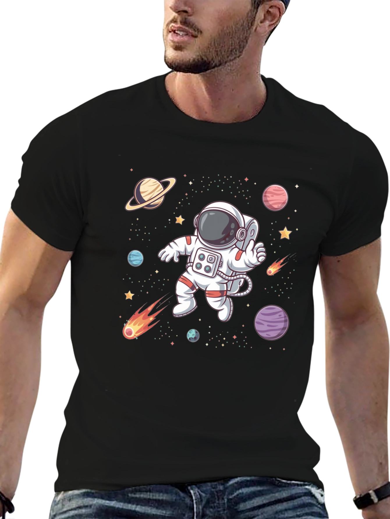 Astronaut Space T-Shirt - Black Cotton Graphic Tee