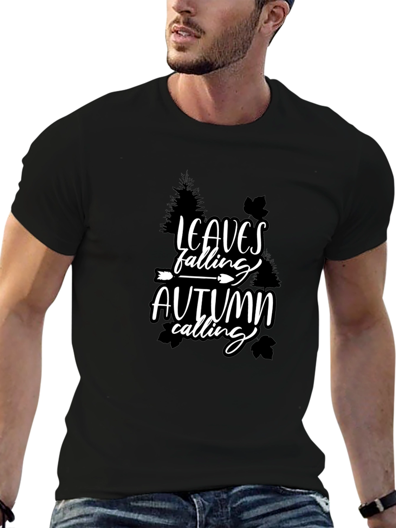 Leaves Falling Autumn Calling Graphic Tee - Black