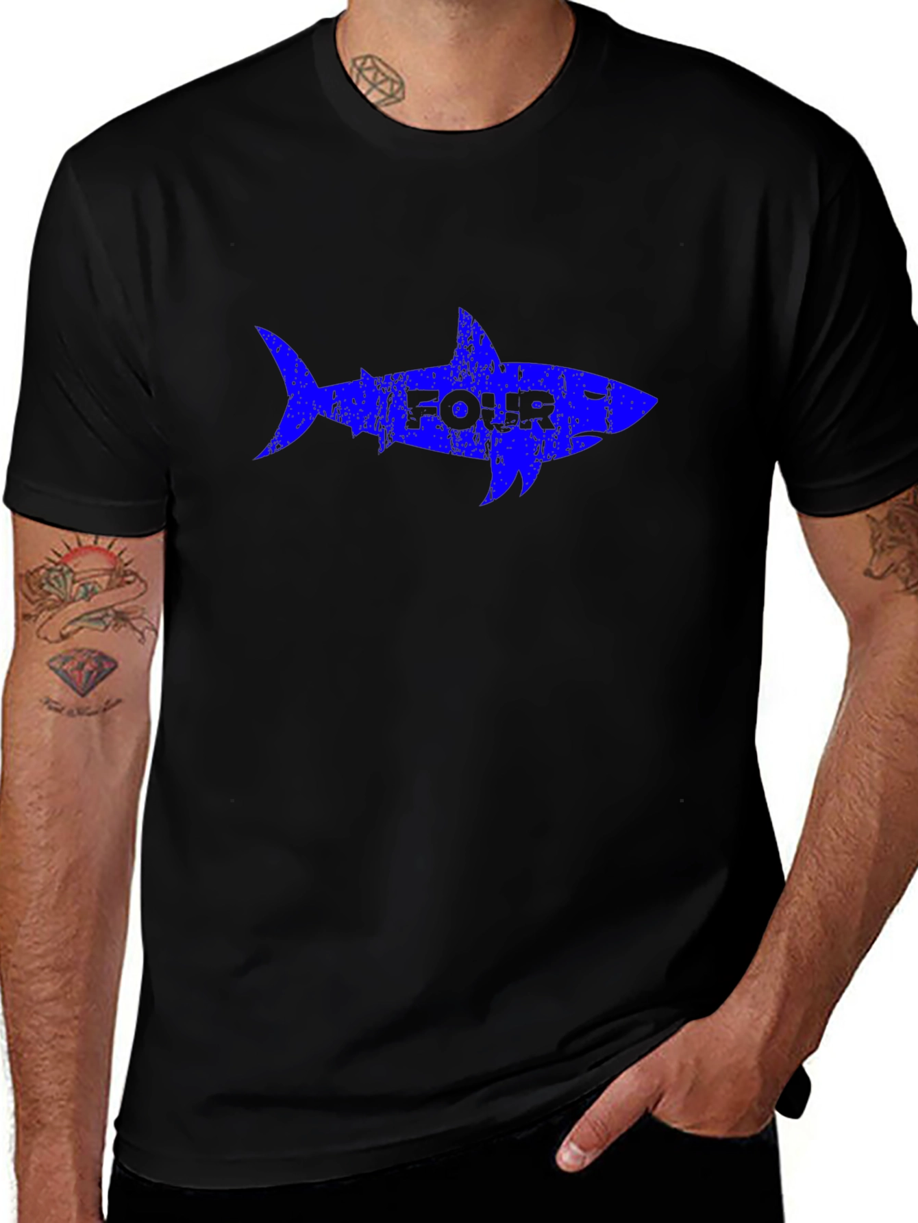 Four Shark Graphic Print Black T-Shirt